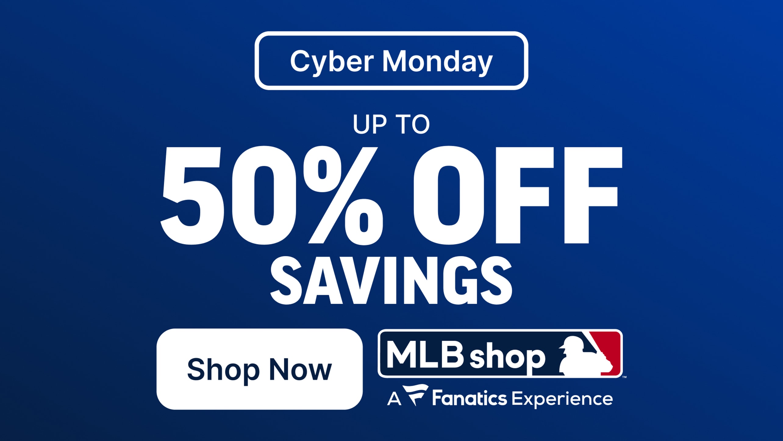 A graphic promoting a 50 percent off sale in the MLB Shop