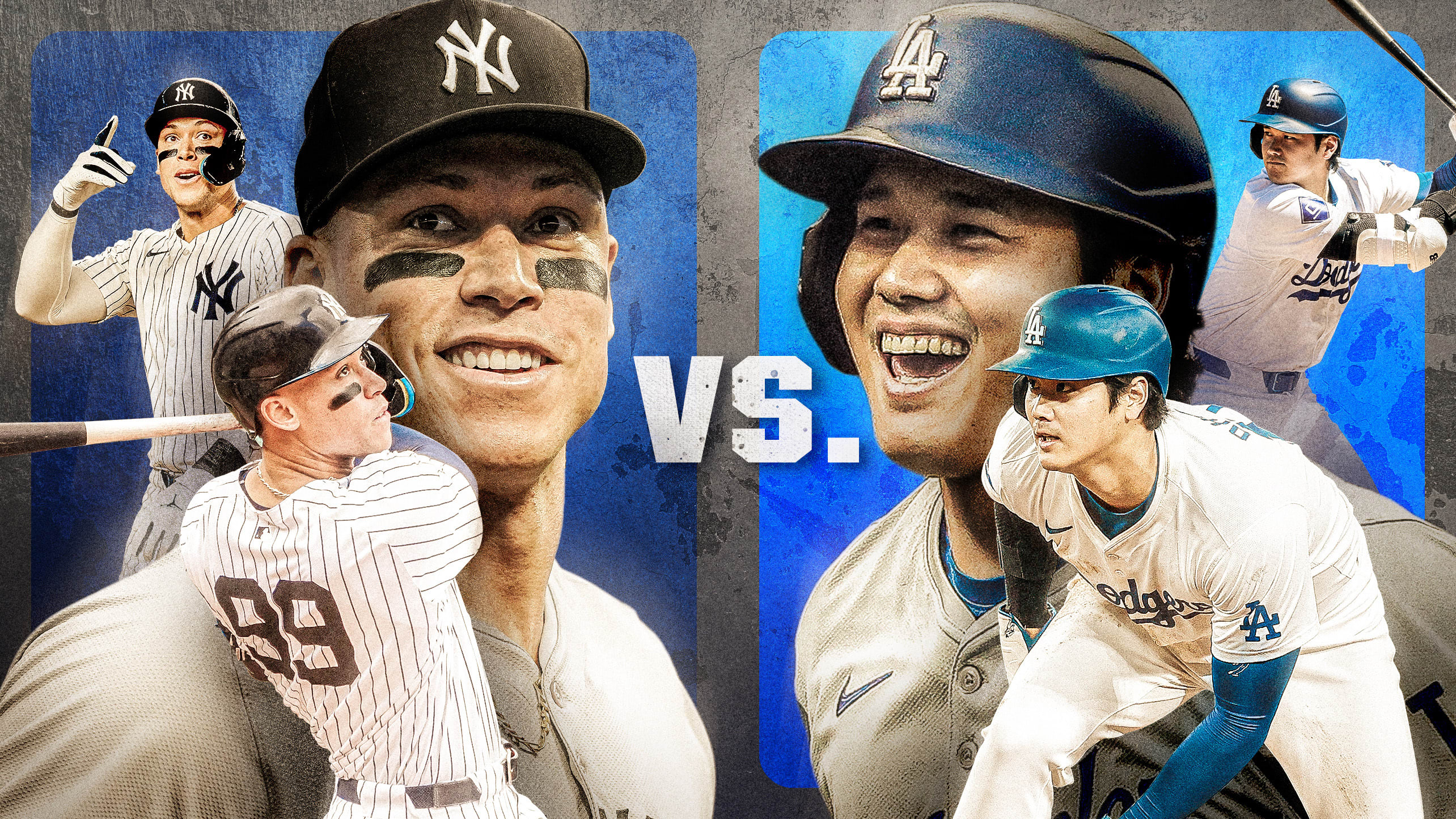 Three images each of Aaron Judge and Shohei Ohtani