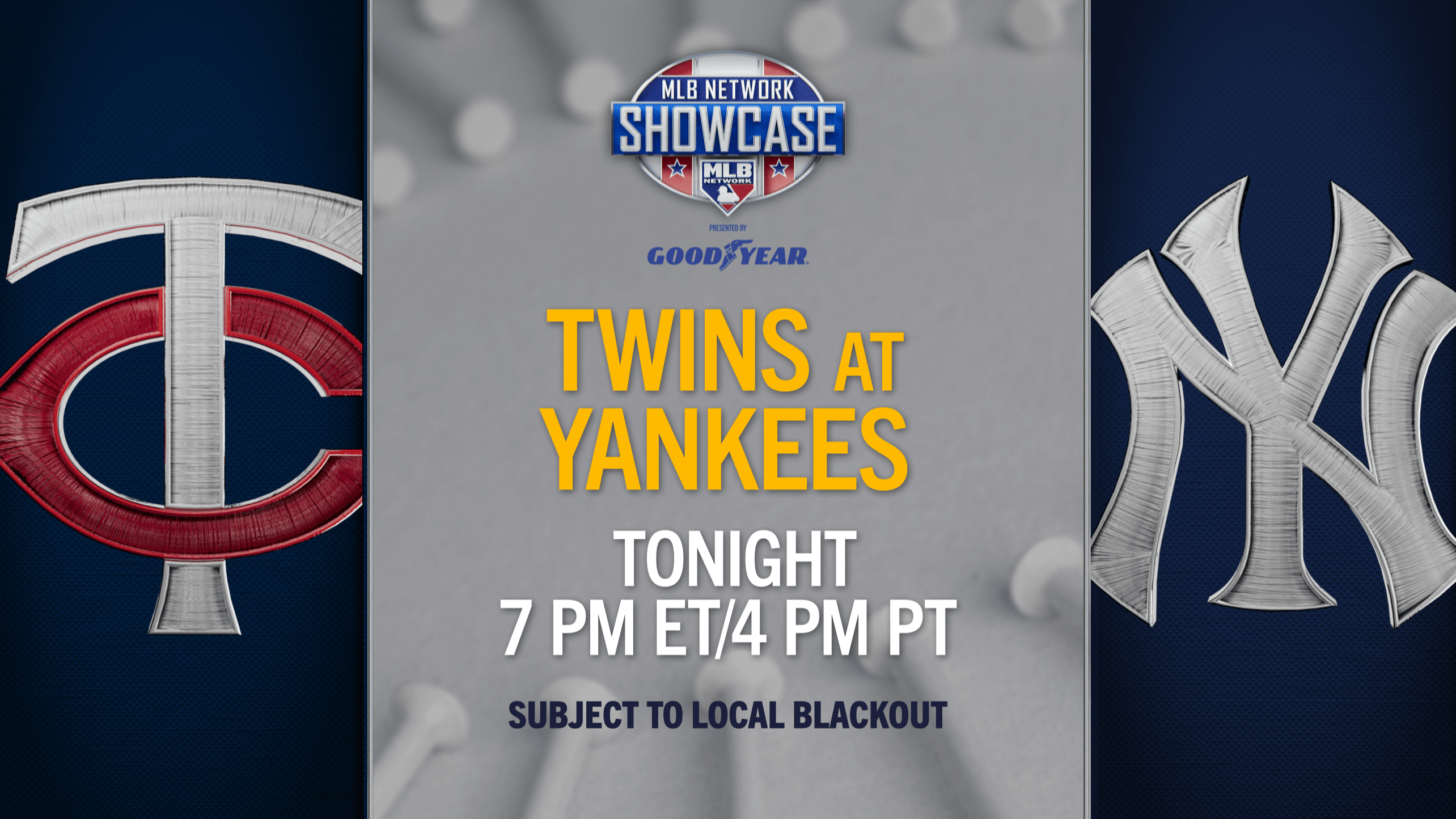 Twins and Yankees logos and text about Monday's MLB Network Showcase game between the teams