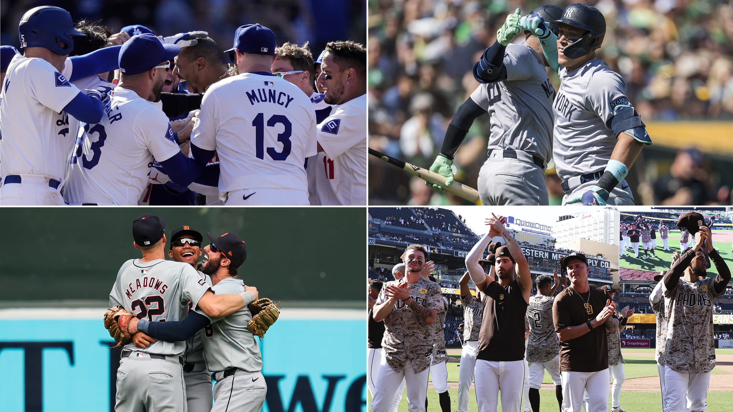 An image featuring players from the Dodgers, Yankees, Tigers and Padres celebrating