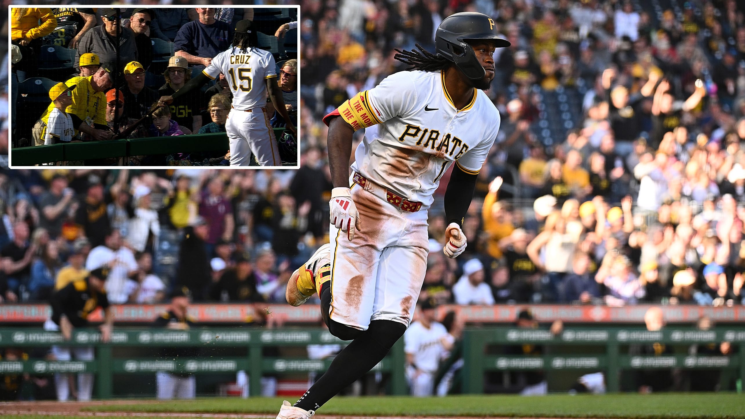 An image of Oneil Cruz legging out a triple with an inset of him handing his bat to a kid