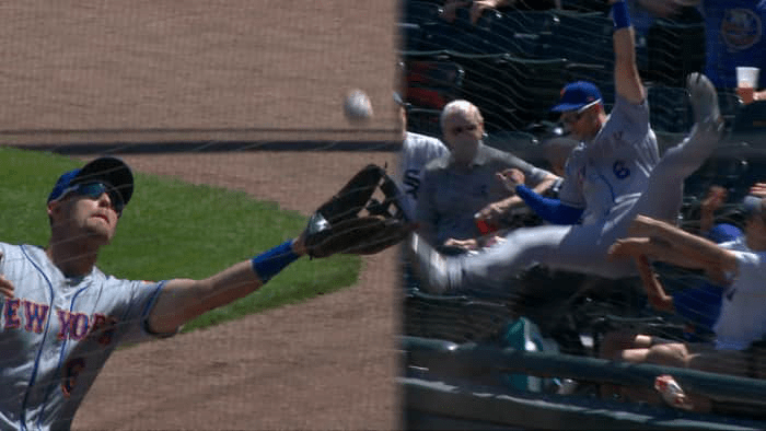 A split-screen image of Jeff McNeil tracking a foul popup and landing in the safety netting