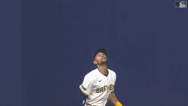 An animated gif of Blake Perkins leaping to rob a home run