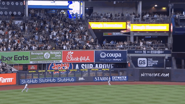 An animated gif of Everson Pereira making a catch while leaping and crashing into the outfield wall