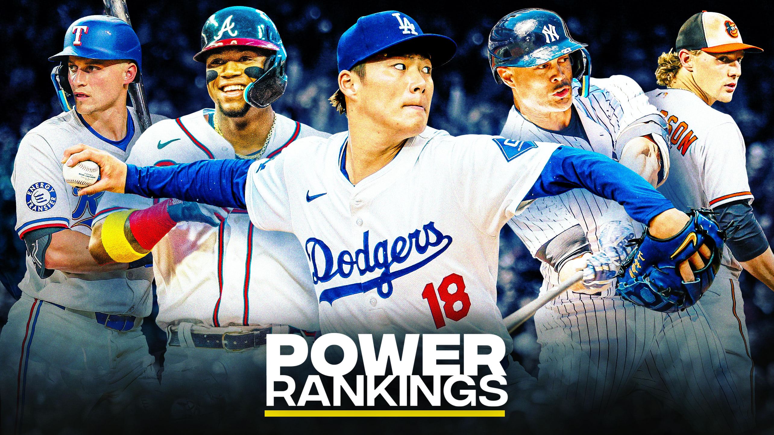 Corey Seager, Ronald Acuña Jr., Yoshinobu Yamamoto, Giancarlo Stanton and Gunnar Henderson above the Power Rankings logo