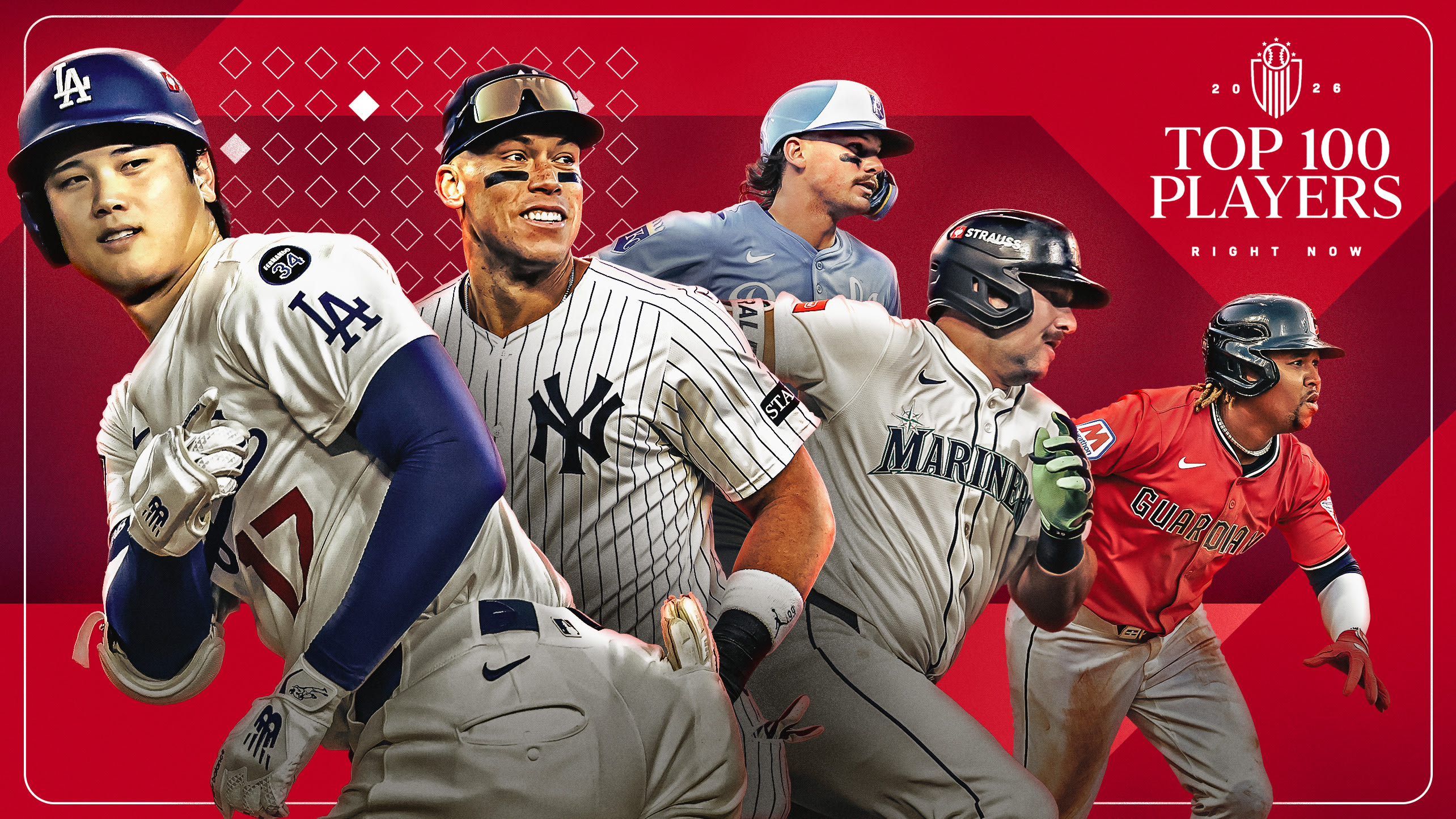A graphic with Shohei Ohtani, Aaron Judge, Bobby Witt Jr., Cal Raleigh and José Ramírez