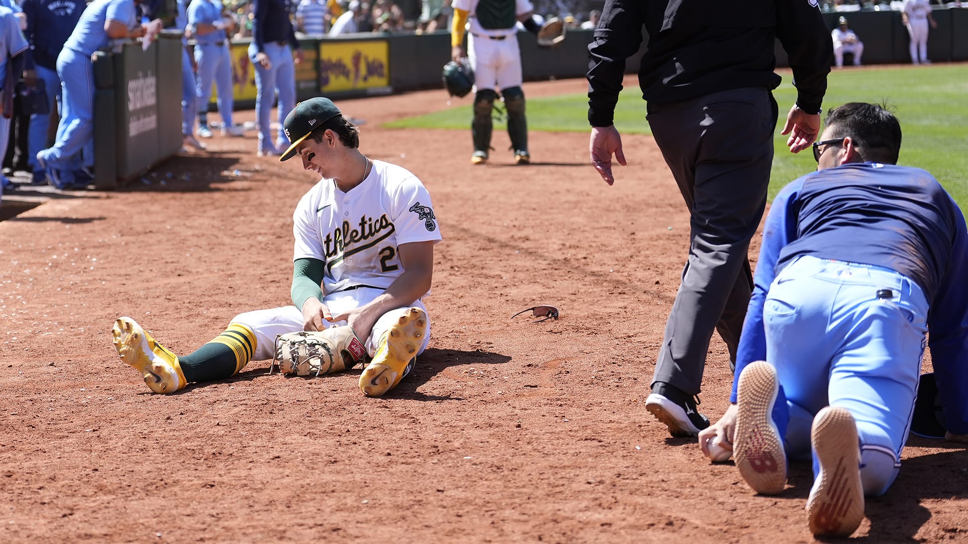 Yusei Kikuchi after a collision with Tyler Soderstrom