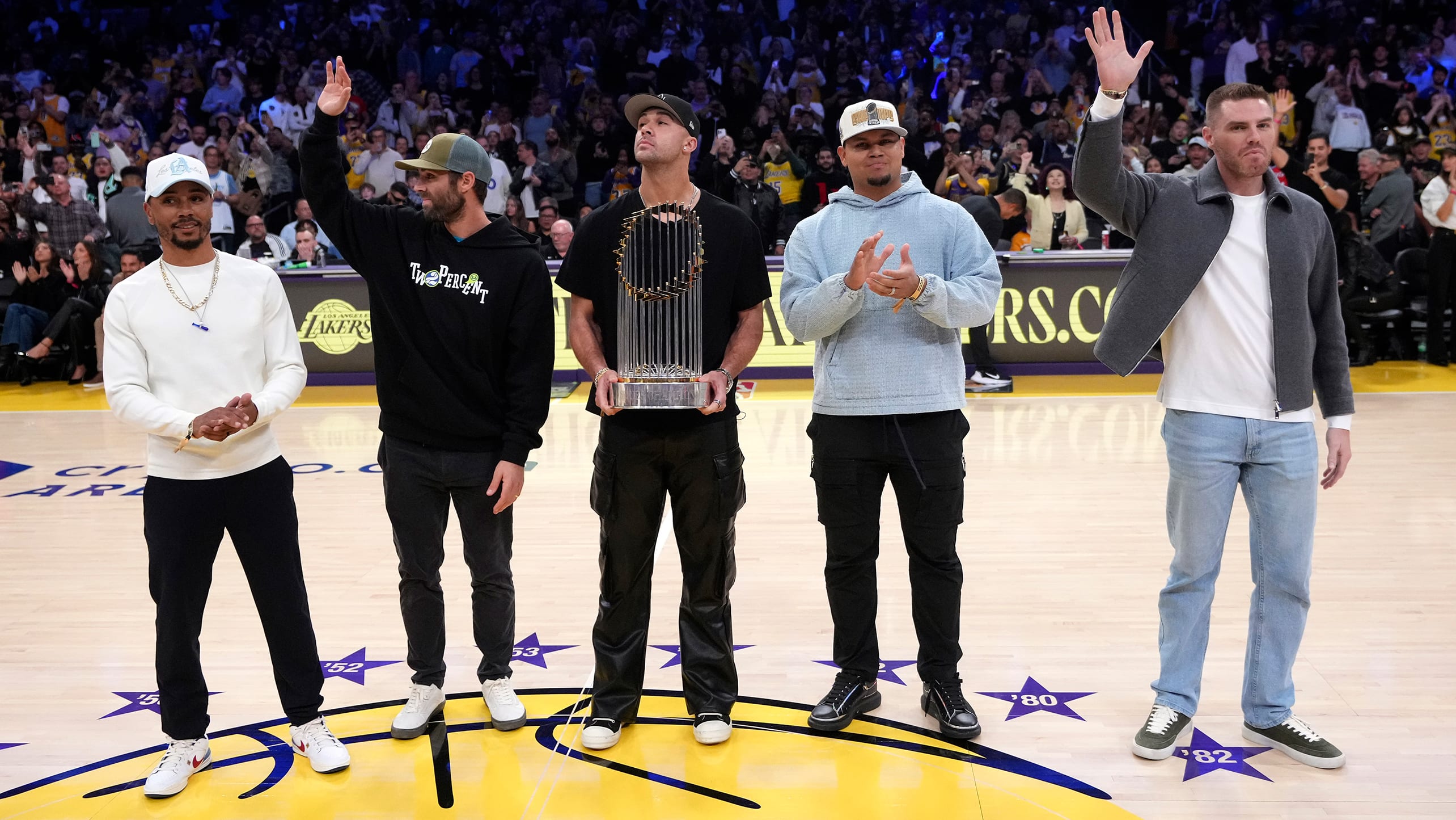 Five Dodgers players are honored before a Lakers game