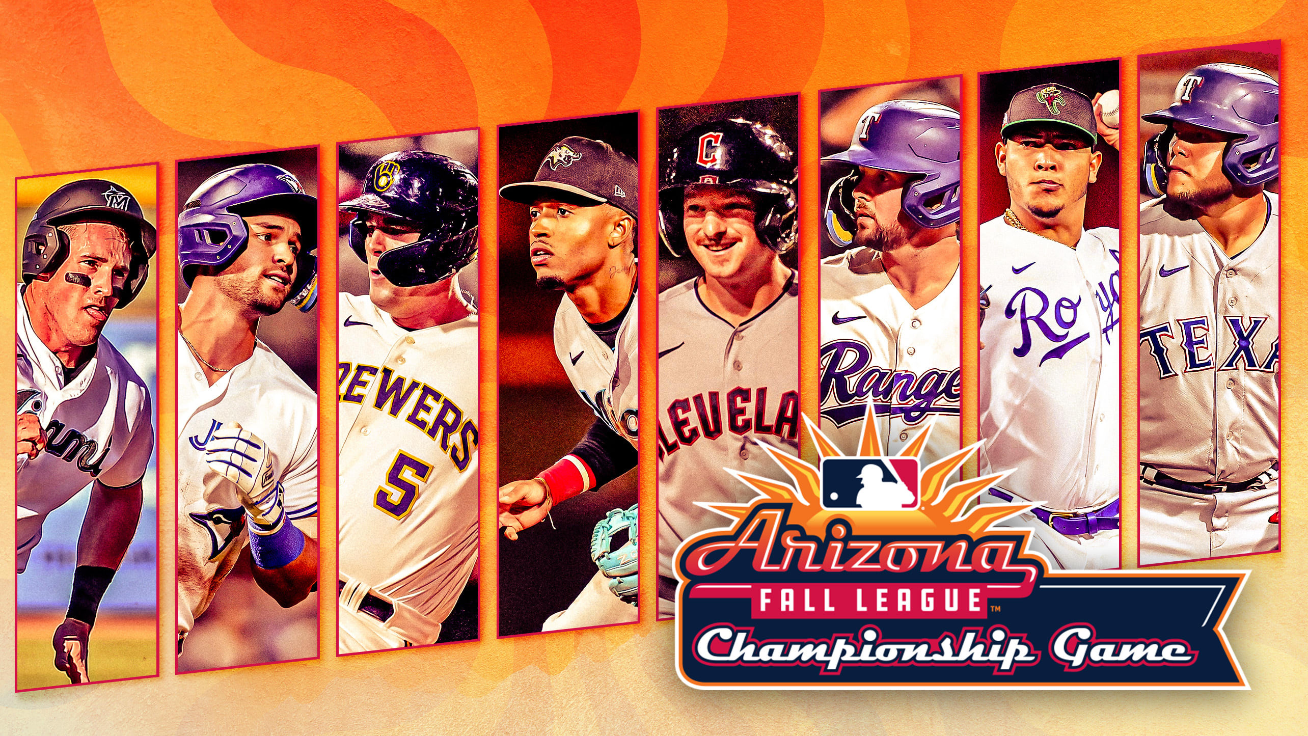 Eight players are pictured above the Arizona Fall League logo