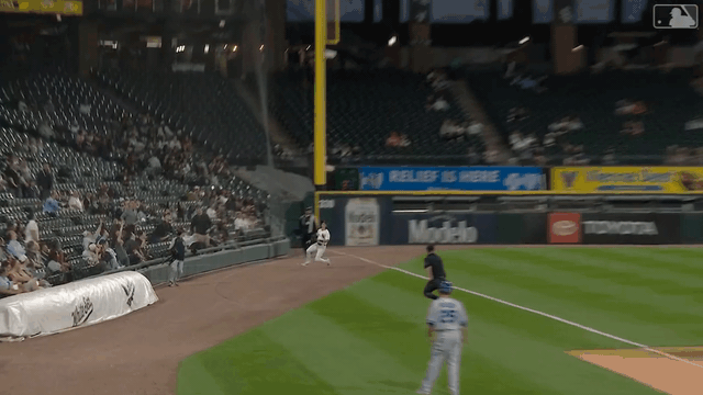 An animated gif of White Sox left fielder Brooks Baldwin making a sliding catch against the wall in foul territory