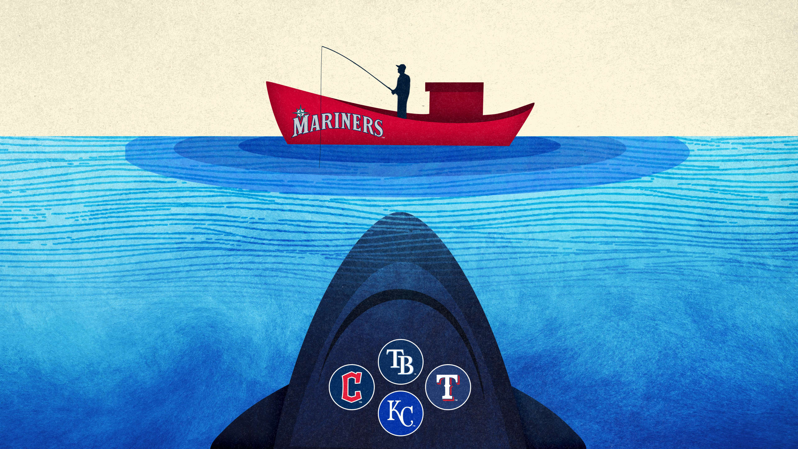 A designed image of a shark lurking beneath a boat with team logos on it and the boat