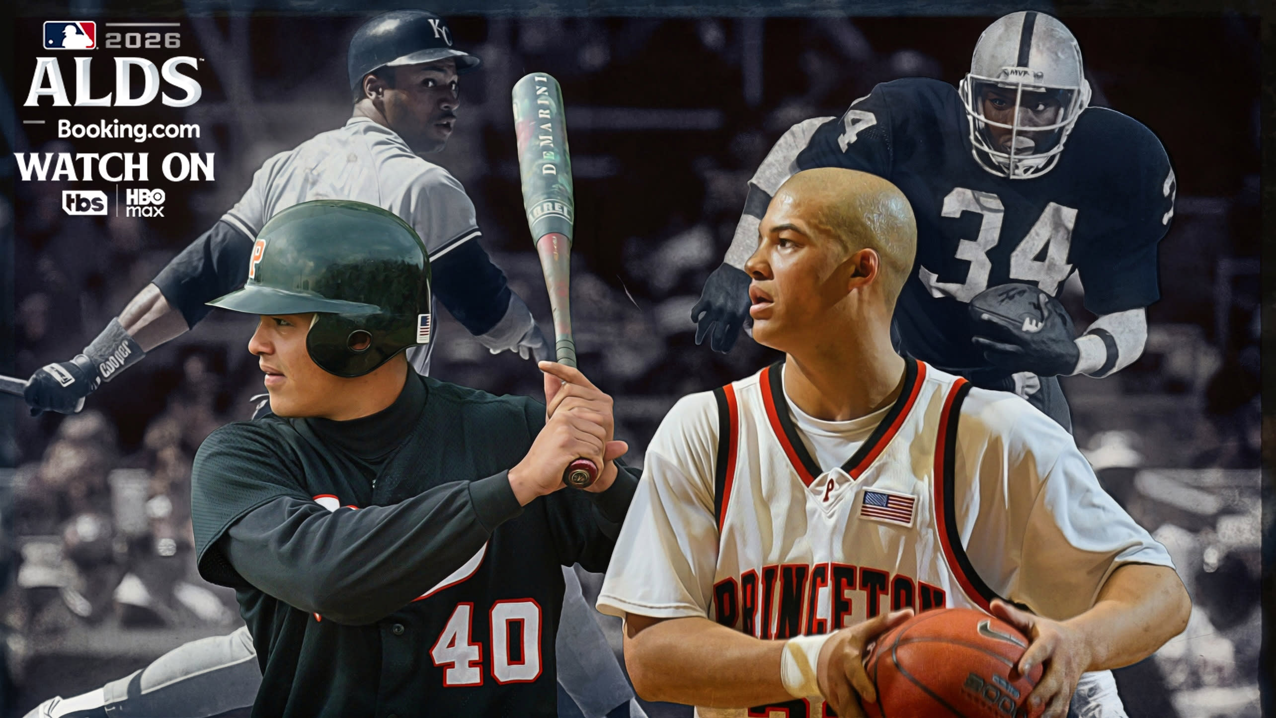 Images of Will Venable playing baseball and basketball at Princeton over images of Bo Jackson playing pro baseball and football
