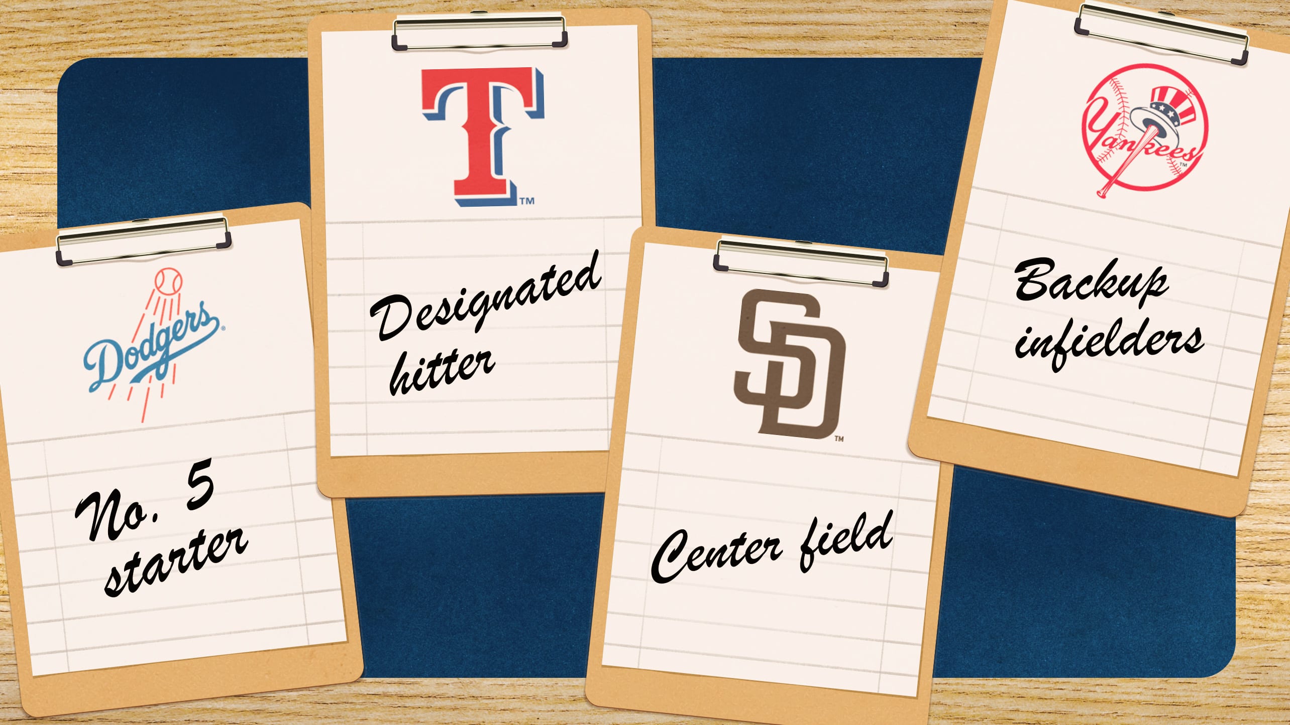 Designed image with clipboards featuring team logos and positions