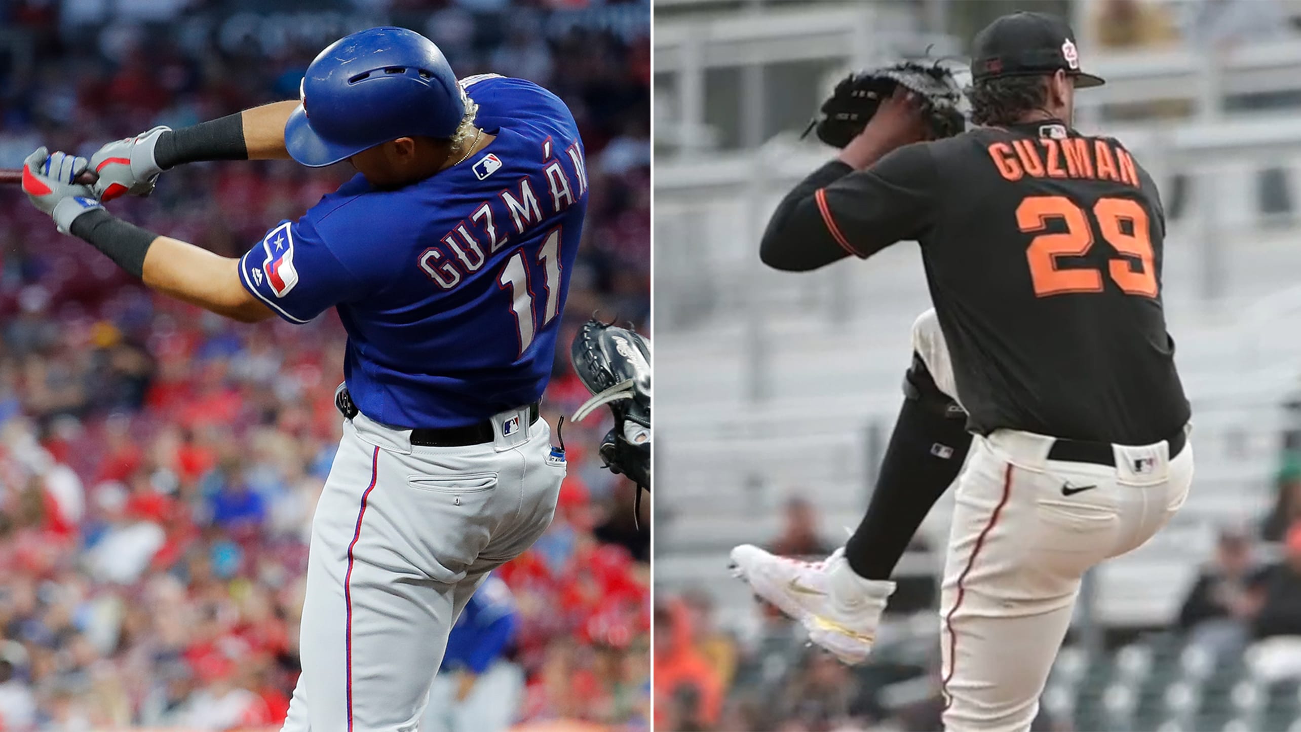 A split photo of Ronald Guzmán hitting and pitching