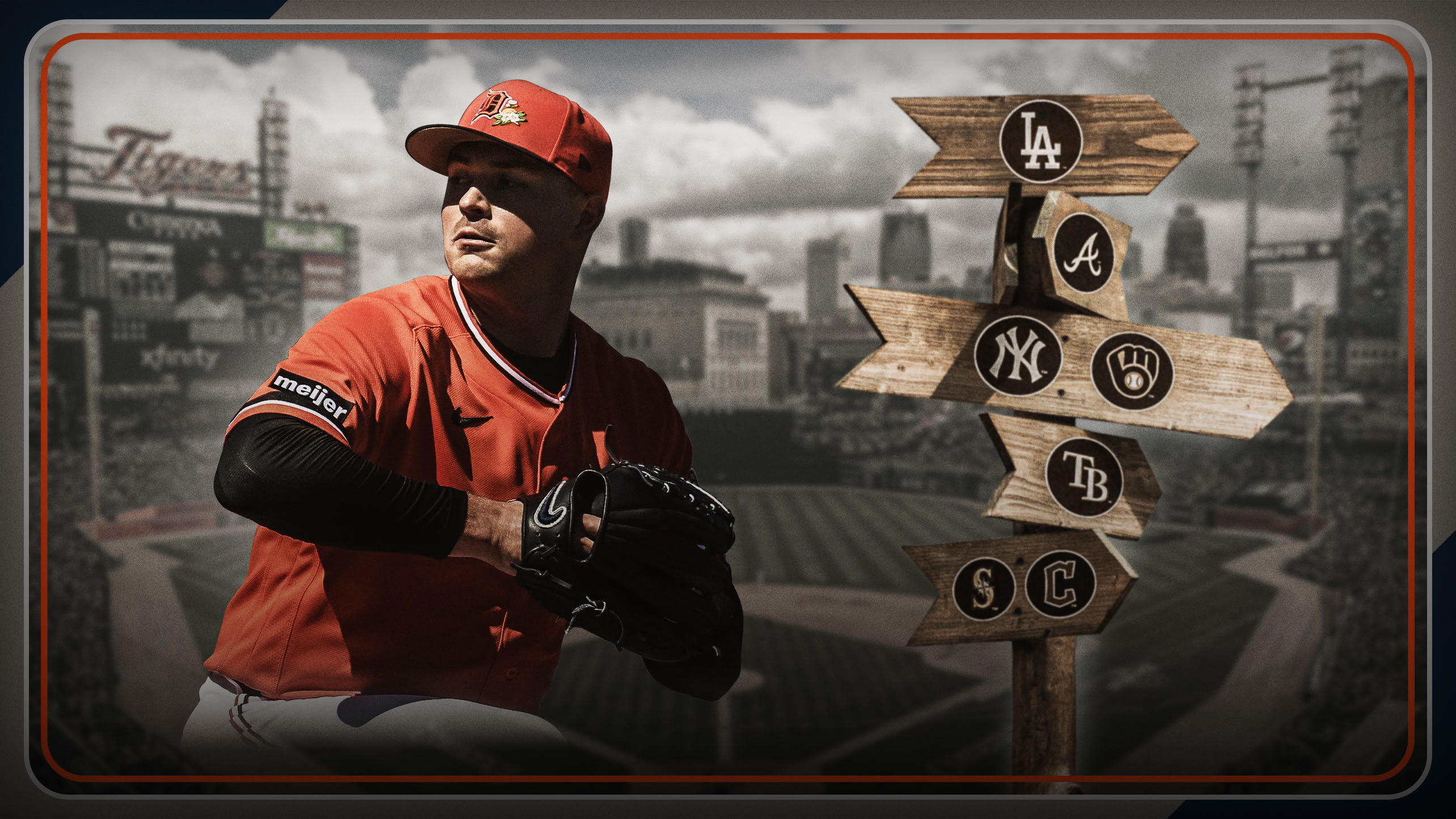 A designed image of Tarik Skubal next to a sign post displaying logos of teams where he could be traded
