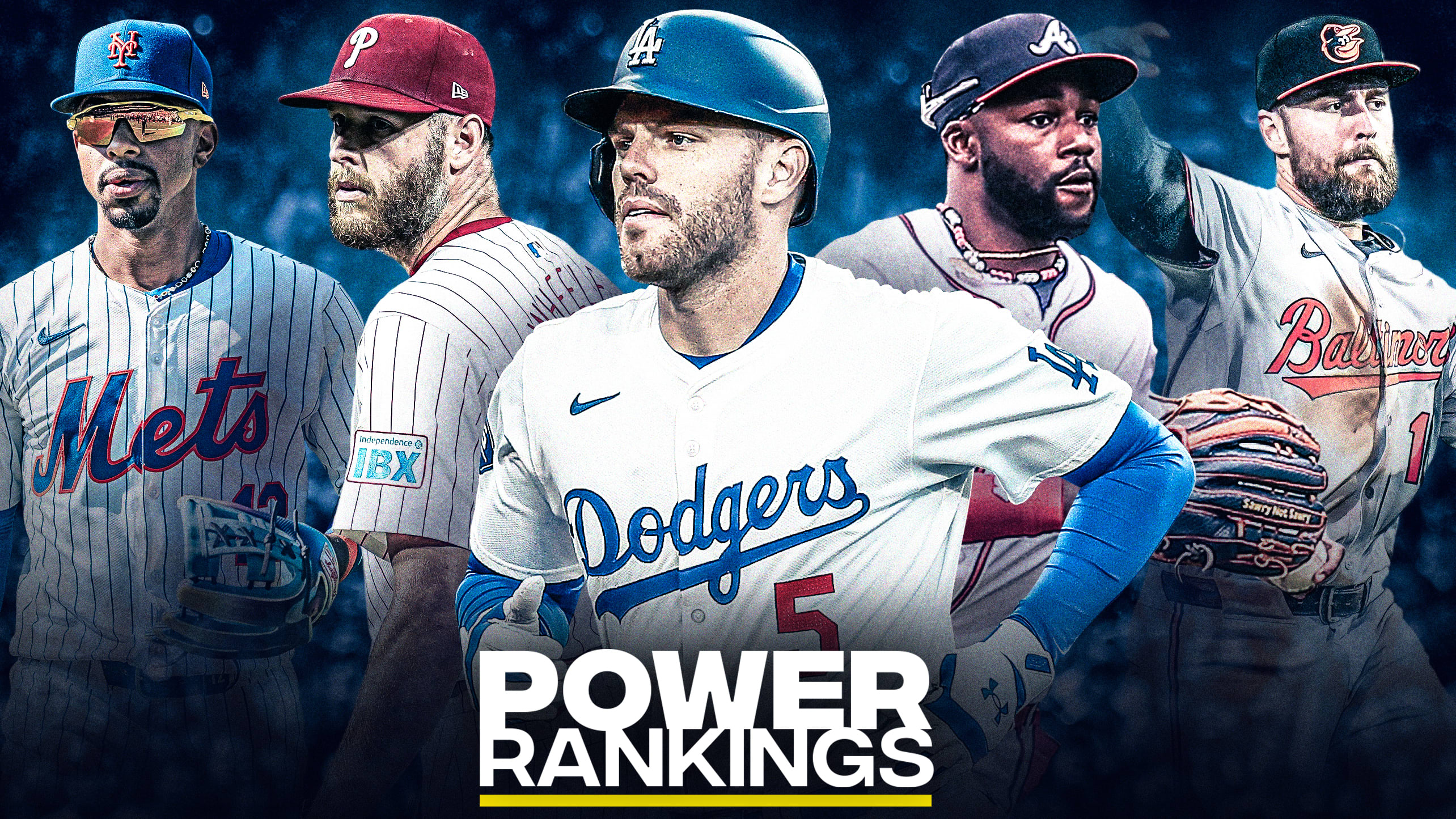 Francisco Lindor, Zack Wheeler, Freddie Freeman, Michael Harris II and Colton Cowser with the Power Rankings logo