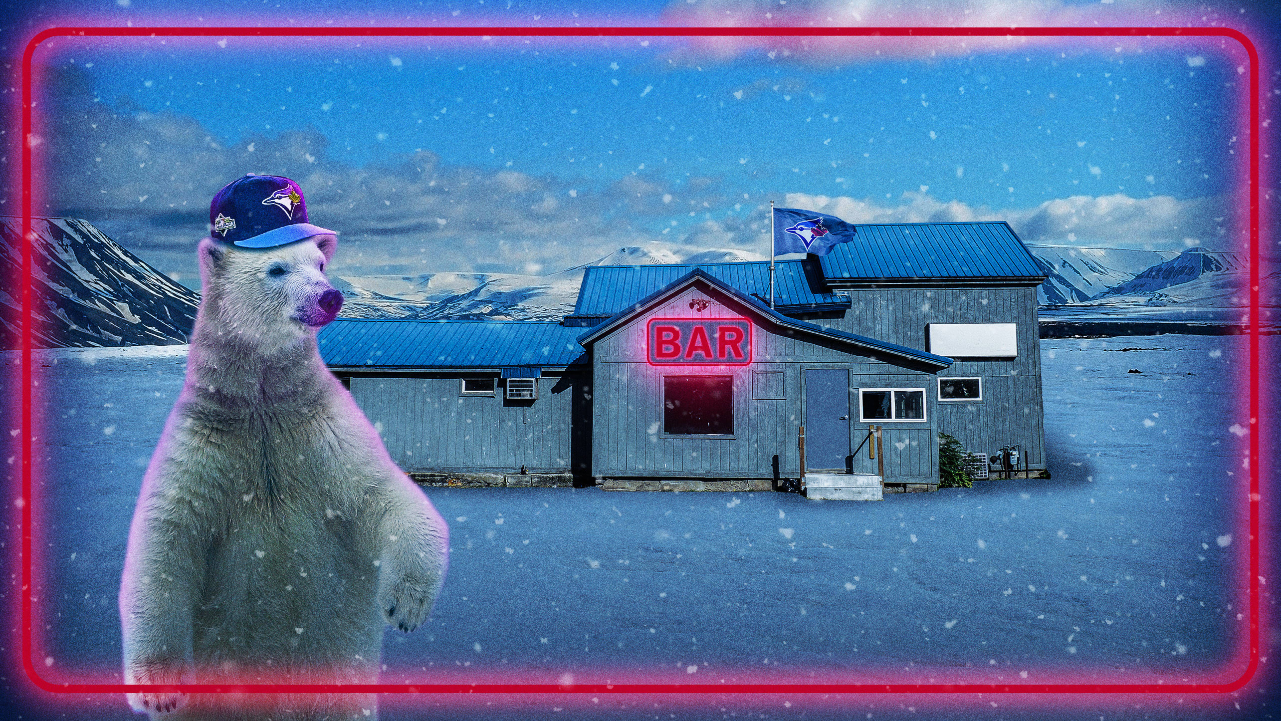 Image of a polar bear in a Blue Jays cap in front of a bar
