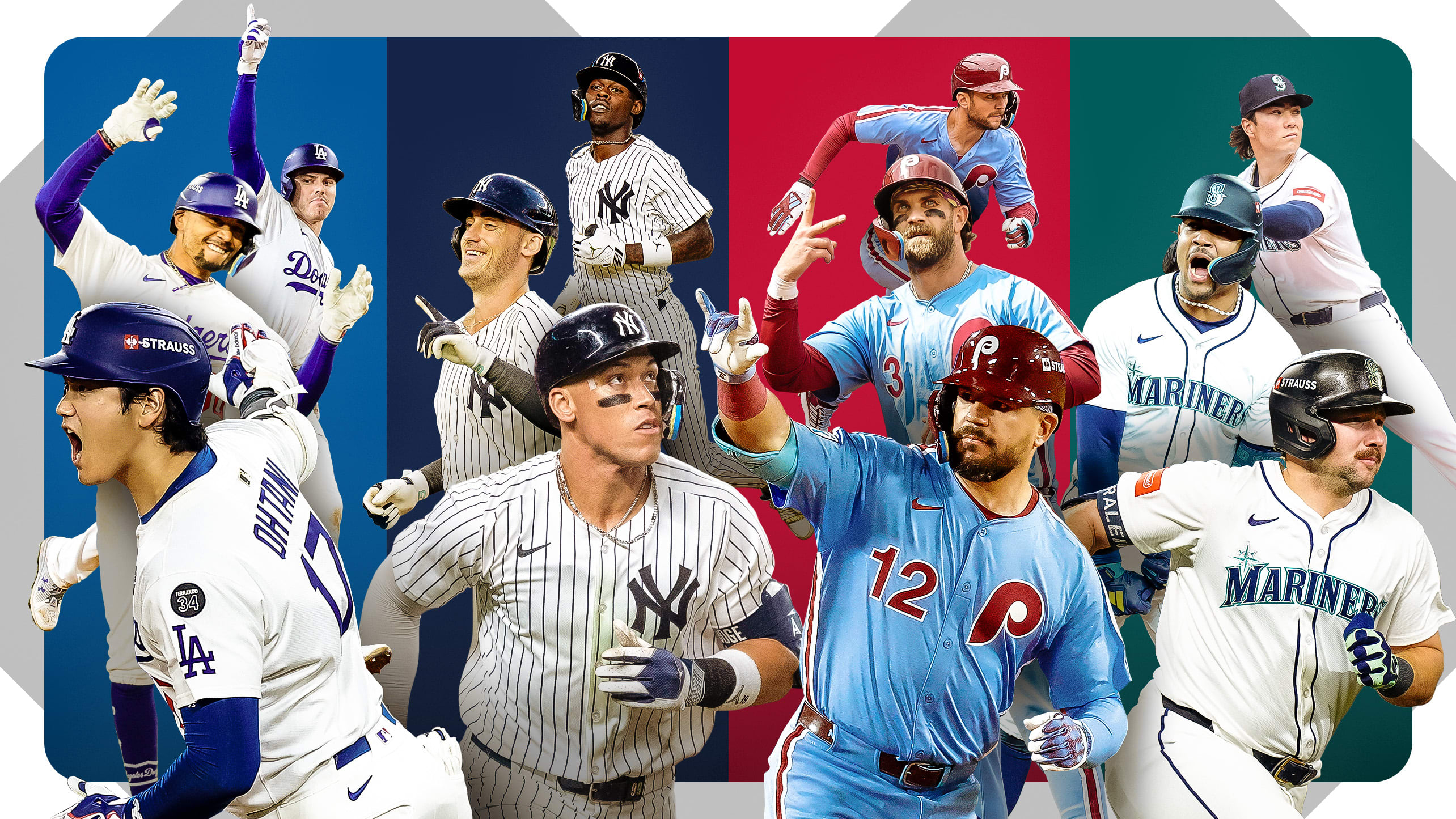A graphic with three players from the Dodgers, Yankees, Phillies and Mariners