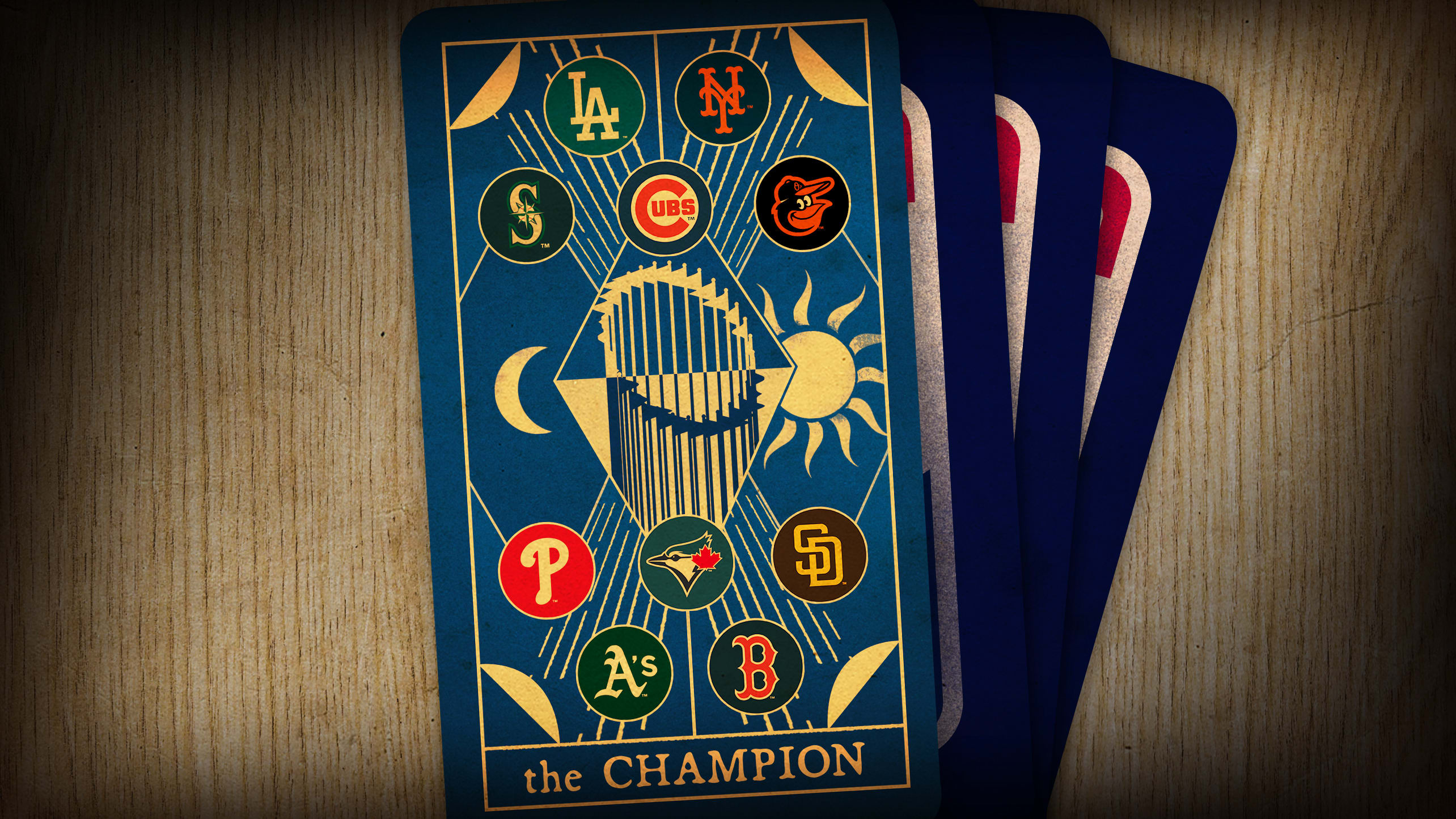 An MLB tarot card for the Champion with logos of the Mariners, Dodgers, Cubs, Mets, Orioles, Phillies, A's, Blue Jays, Red Sox and Padres