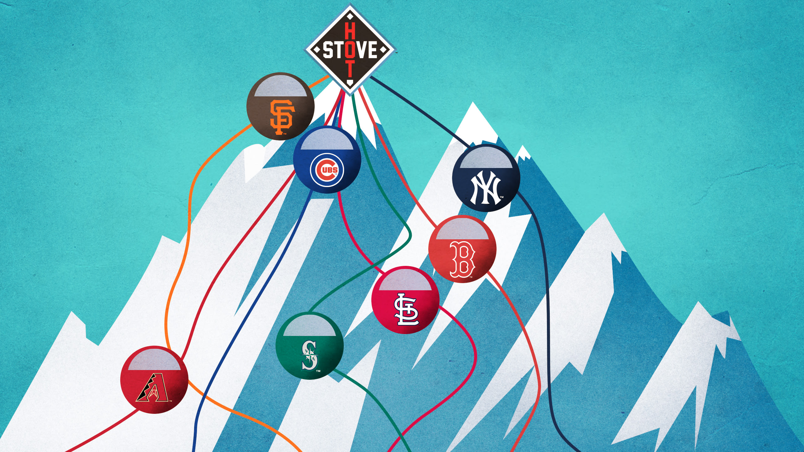 An illustration of a mountain with seven team logos and a Hot Stove logo on the mountain