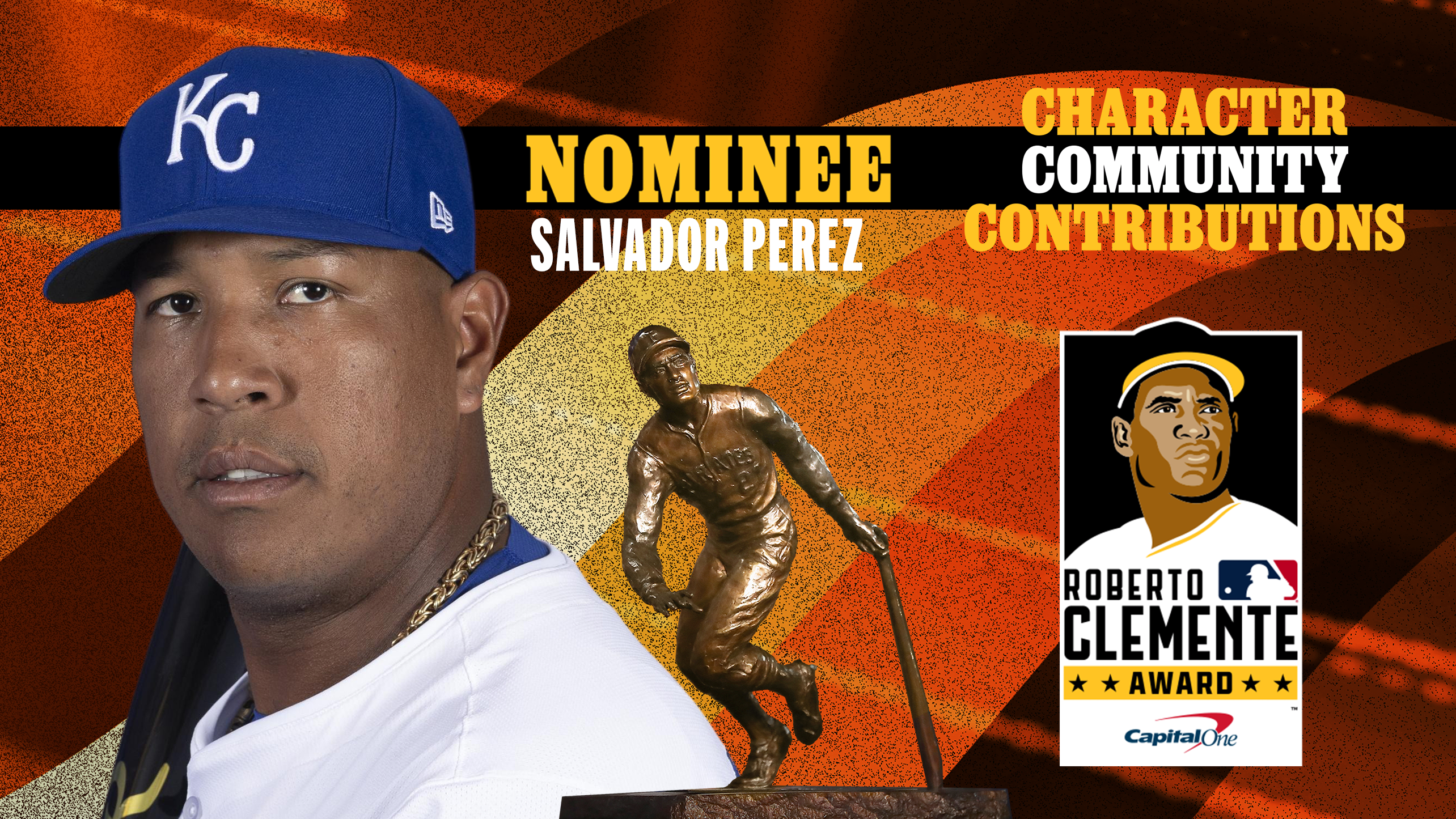 Photos of Salvador Perez and the Roberto Clemente Award trophy with the award's logo