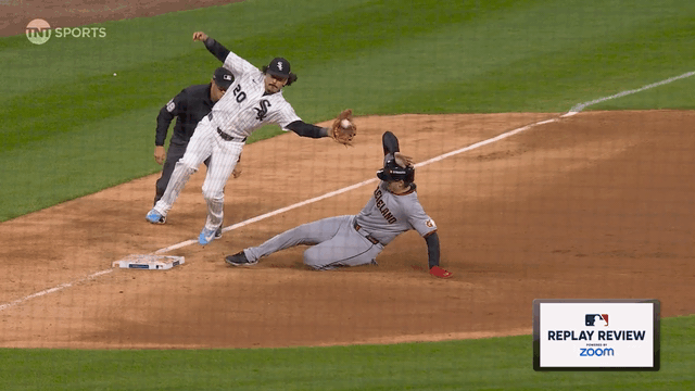 An animated gif of White Sox third baseman Miguel Vargas leaping over a sliding runner to catch a throw and tag the runner on the helmet