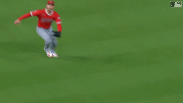 An animated gif of the Angels' Taylor Ward making a sliding catch just before the ball hits the grass