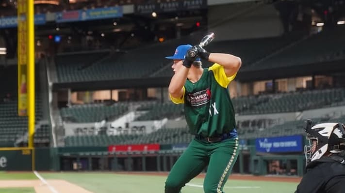 High school player Easton Autrey waits for a pitch