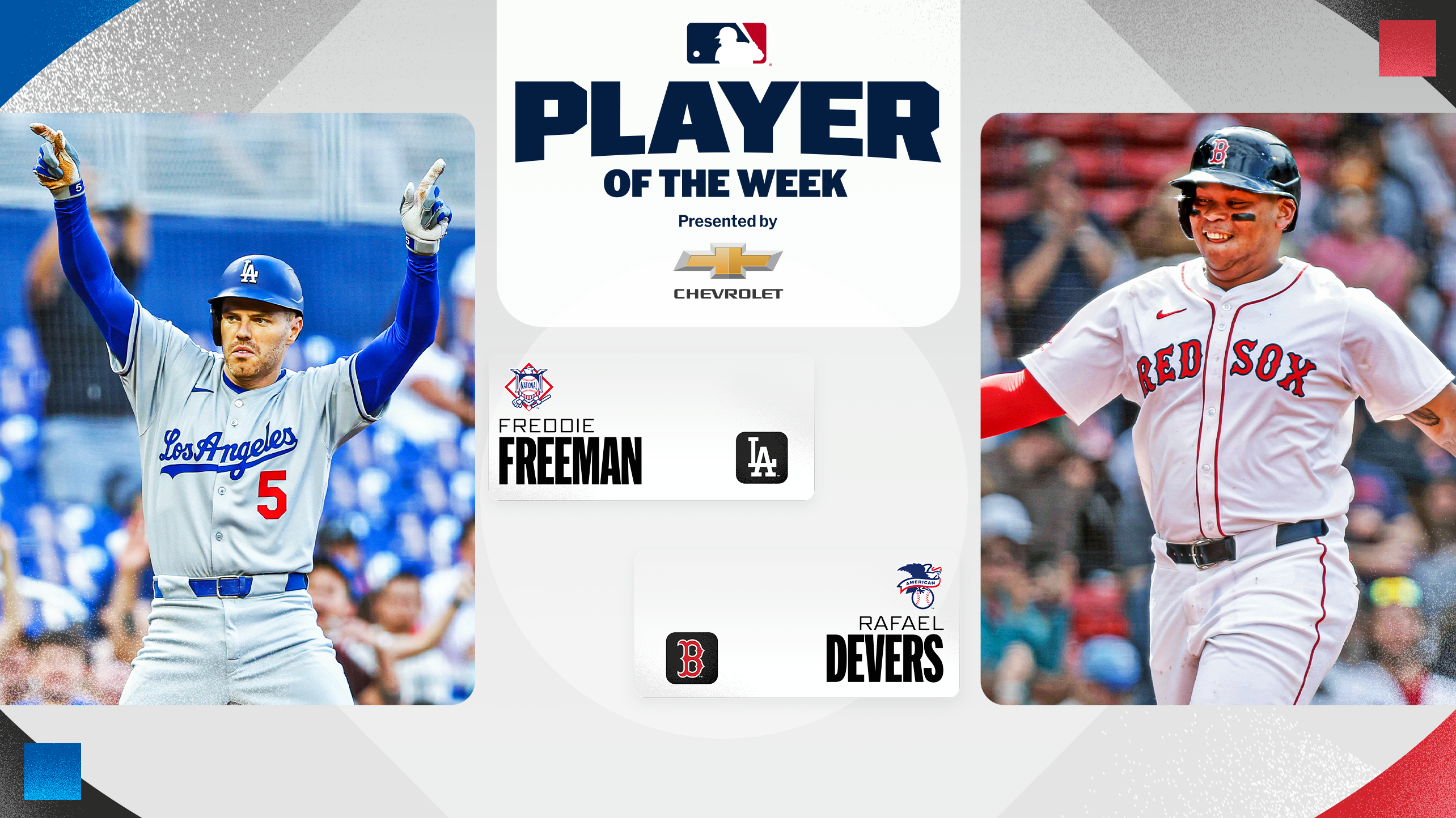 Images of Freddie Freeman and Rafael Devers with the Player of the Week logo
