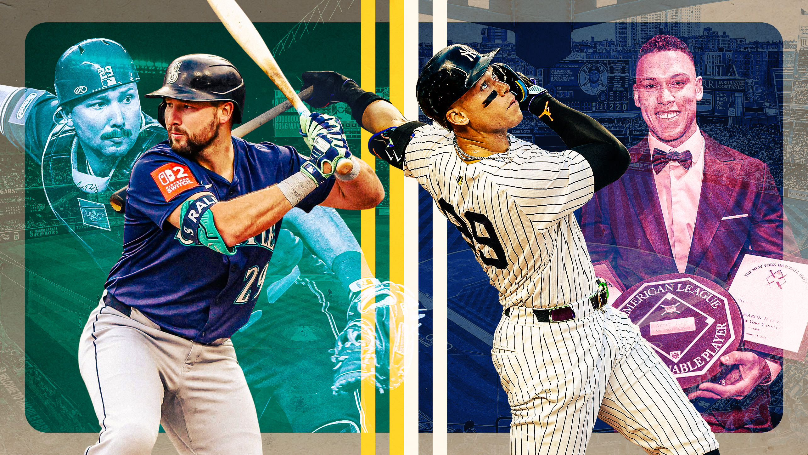 Two images each of Cal Raleigh and Aaron Judge