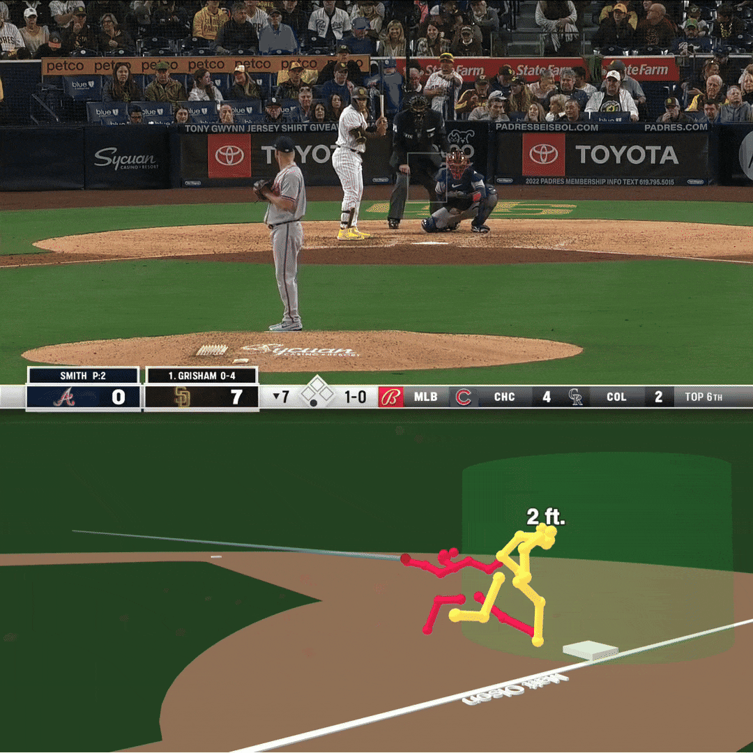 An animated GIF of Matt Olson stretching for a throw