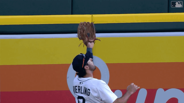 An animated gif of Tigers center fielder Matt Vierling catching a fly ball a second time after crashing into the wall