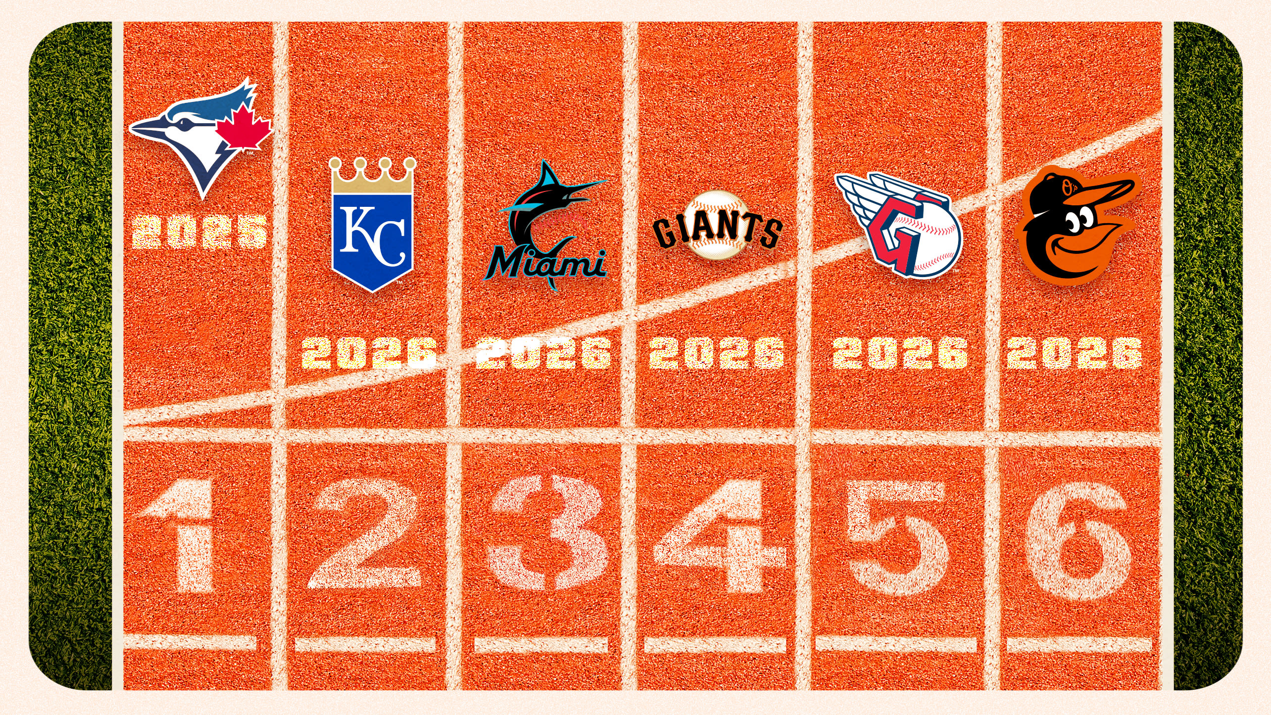 A designed image of a running track with a different team logo in each lane