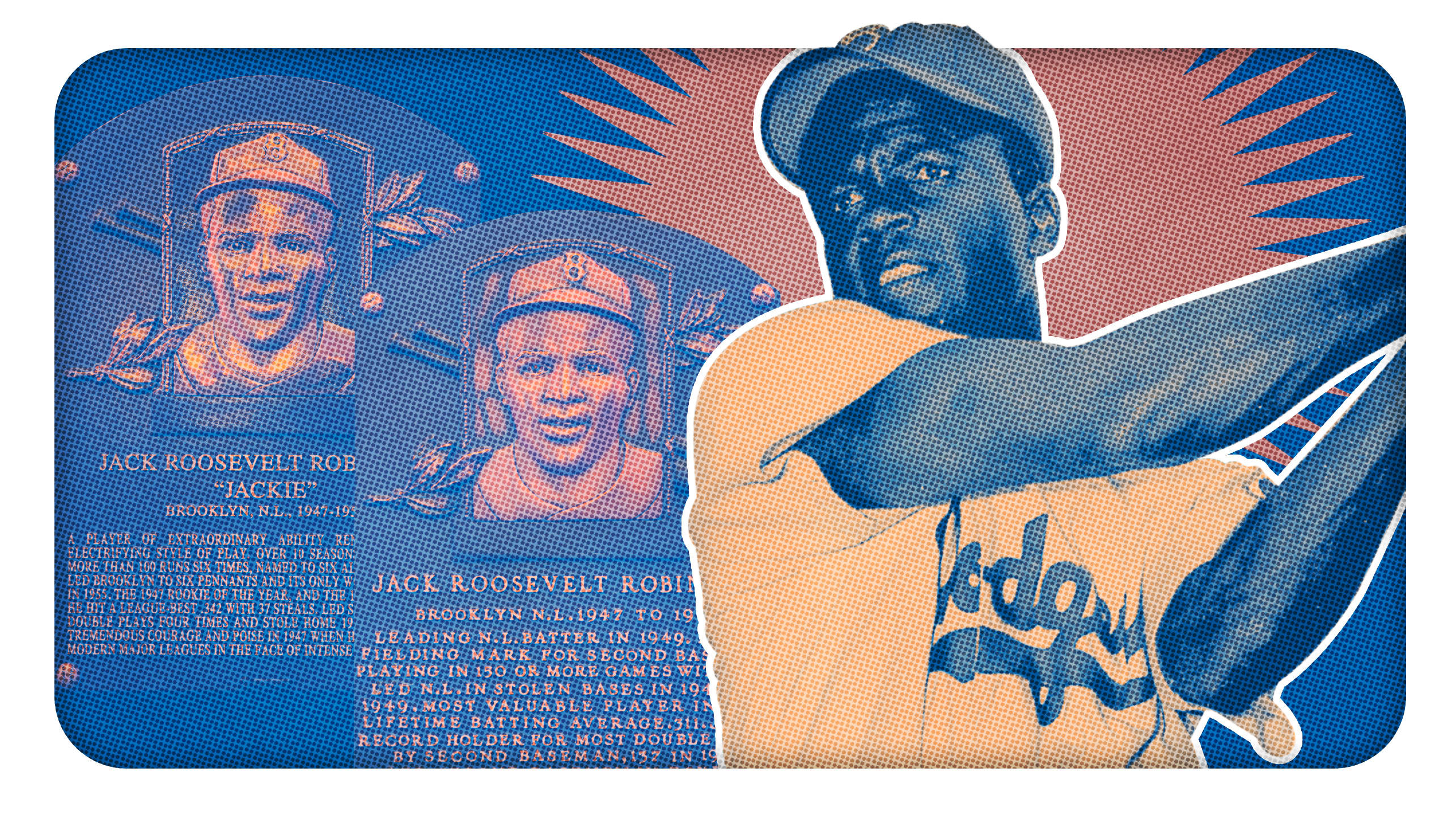 A photo illustration of Jackie Robinson with his two different Hall of Fame plaques