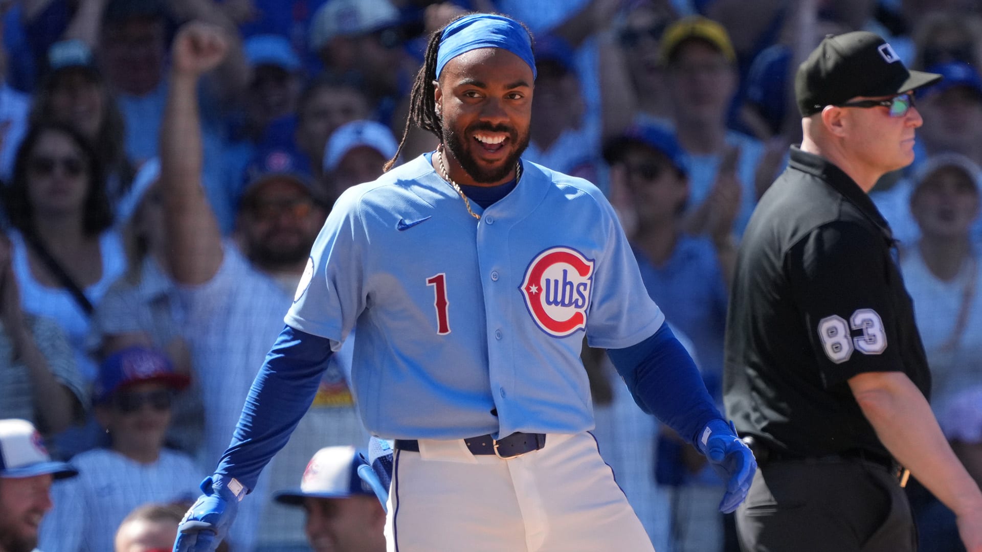 Justin Dean smiles after hitting a triple