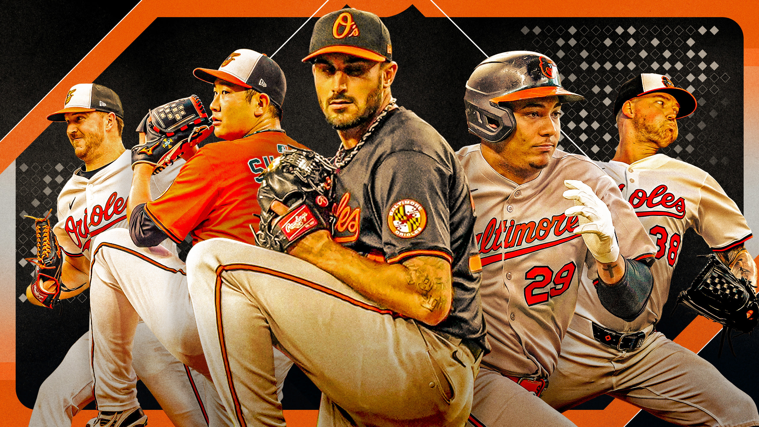 Trevor Rogers, Tomoyuki Sugano, Zach Eflin, Samuel Basallo and Kyle Bradish