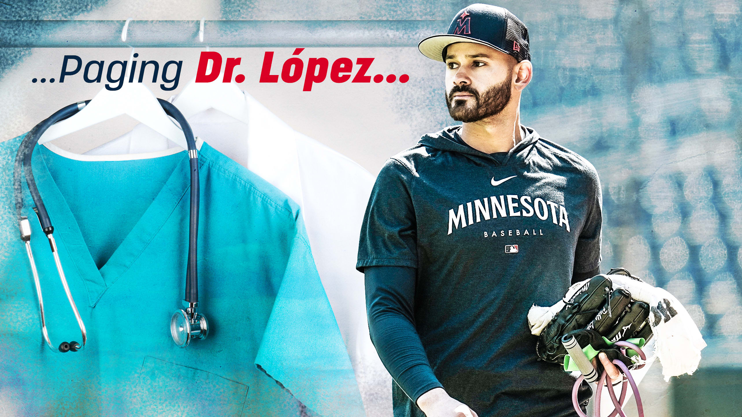 Pablo López is pictured next to a doctor's scrubs and a stethoscope