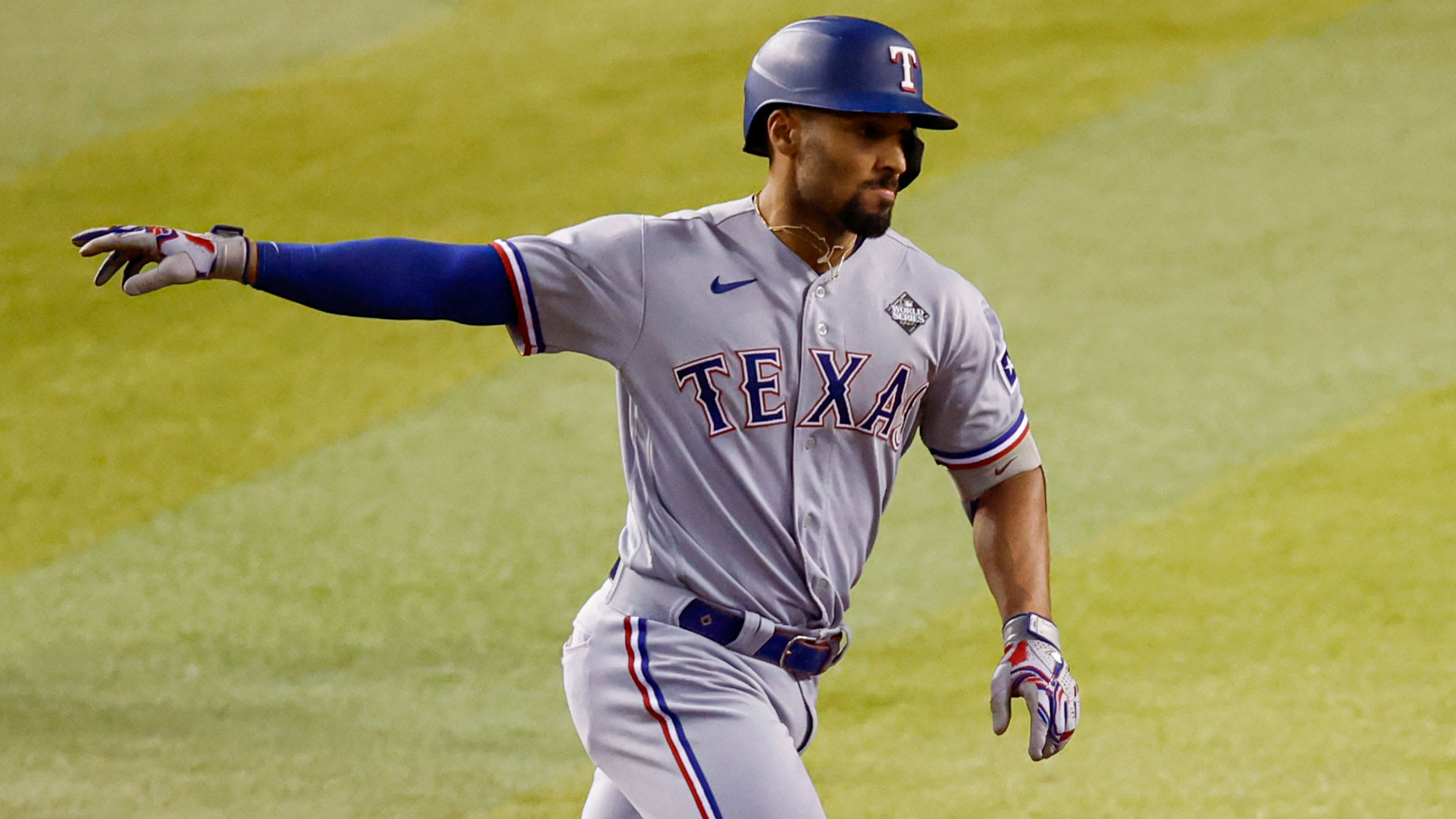 Marcus Semien celebrates after his Game 4 home run