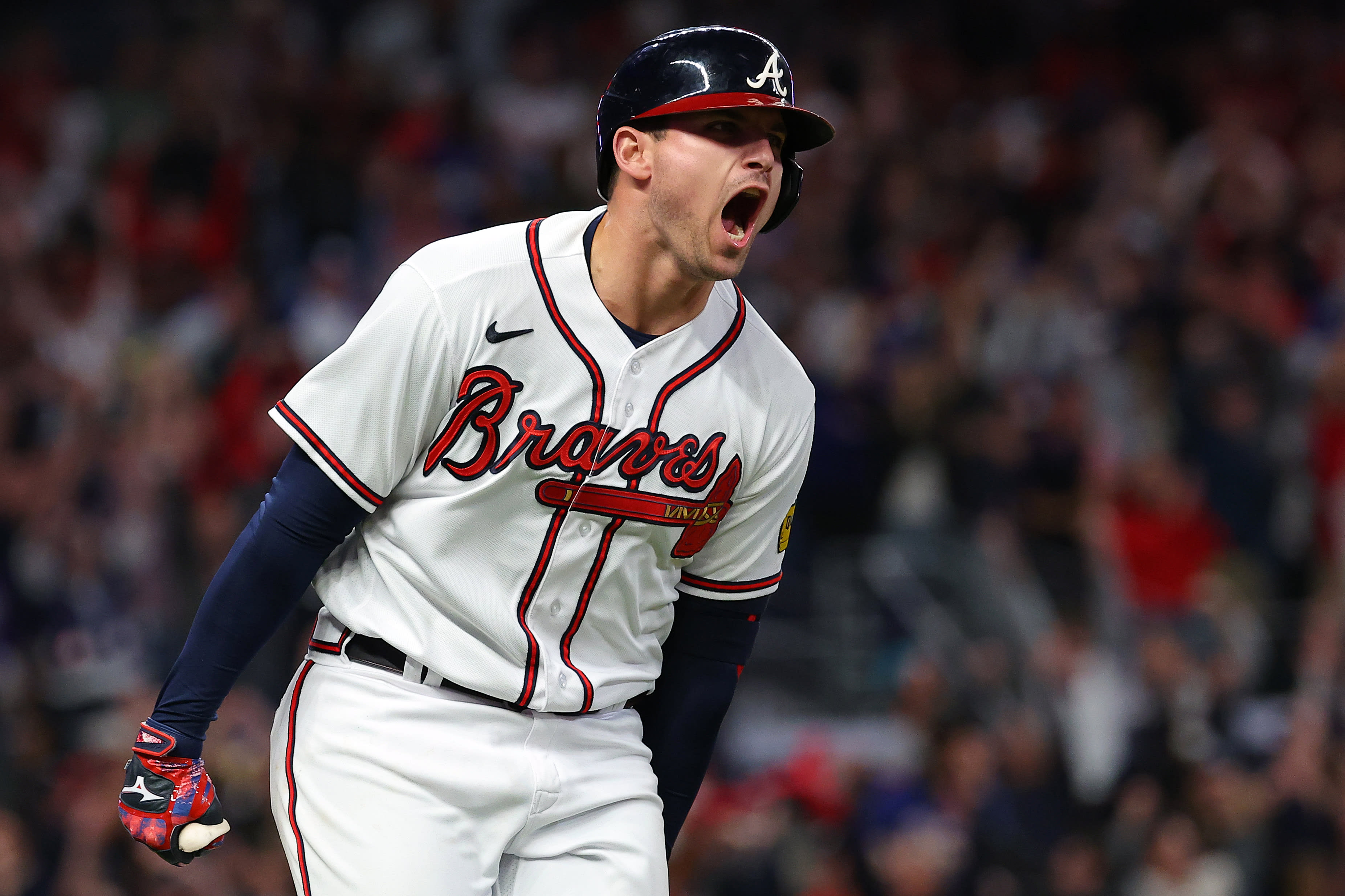 Austin Riley yells after hitting a go-ahead home run
