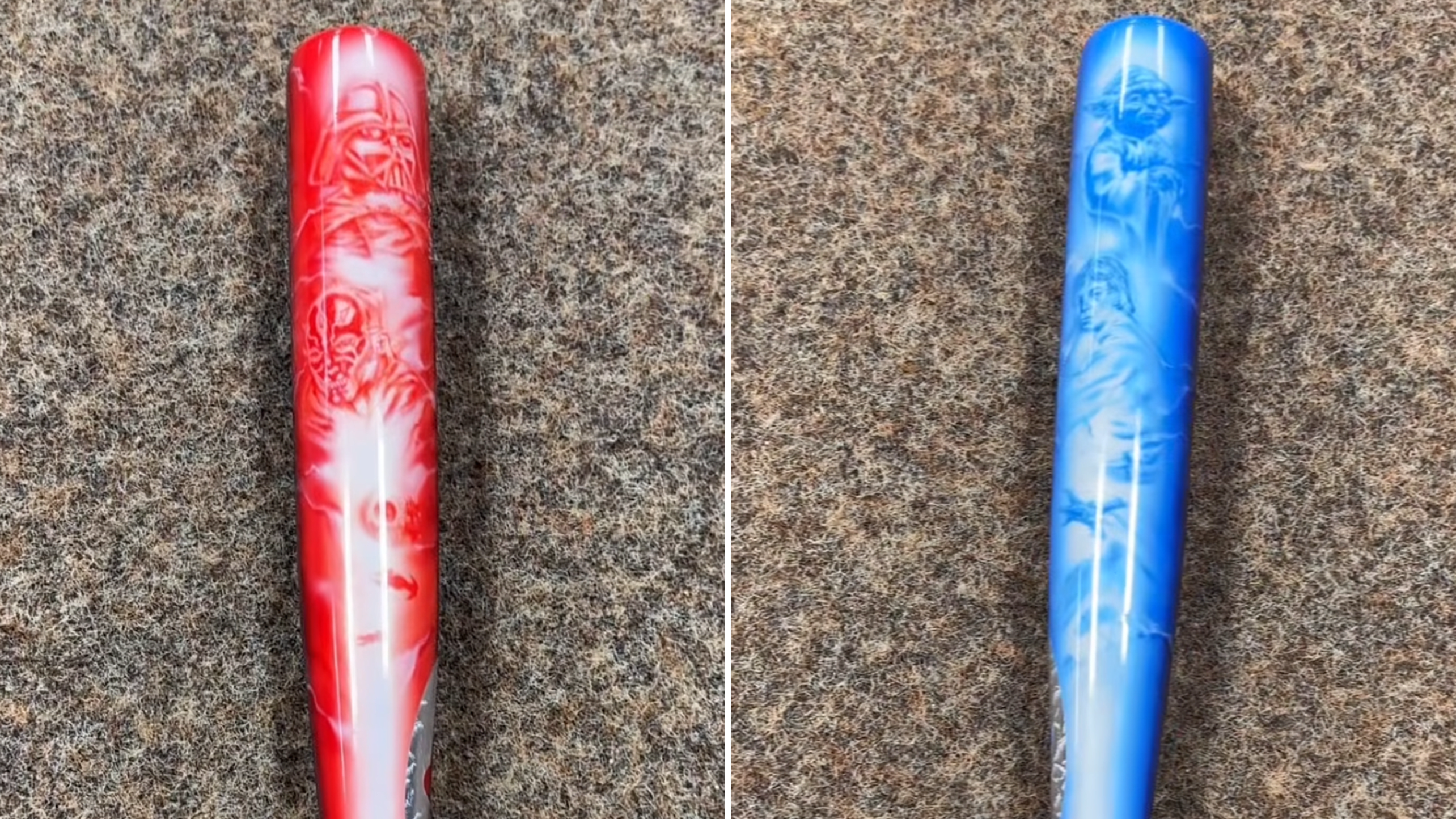 Two photos of Gunnar Henderson's custom Star Wars bat