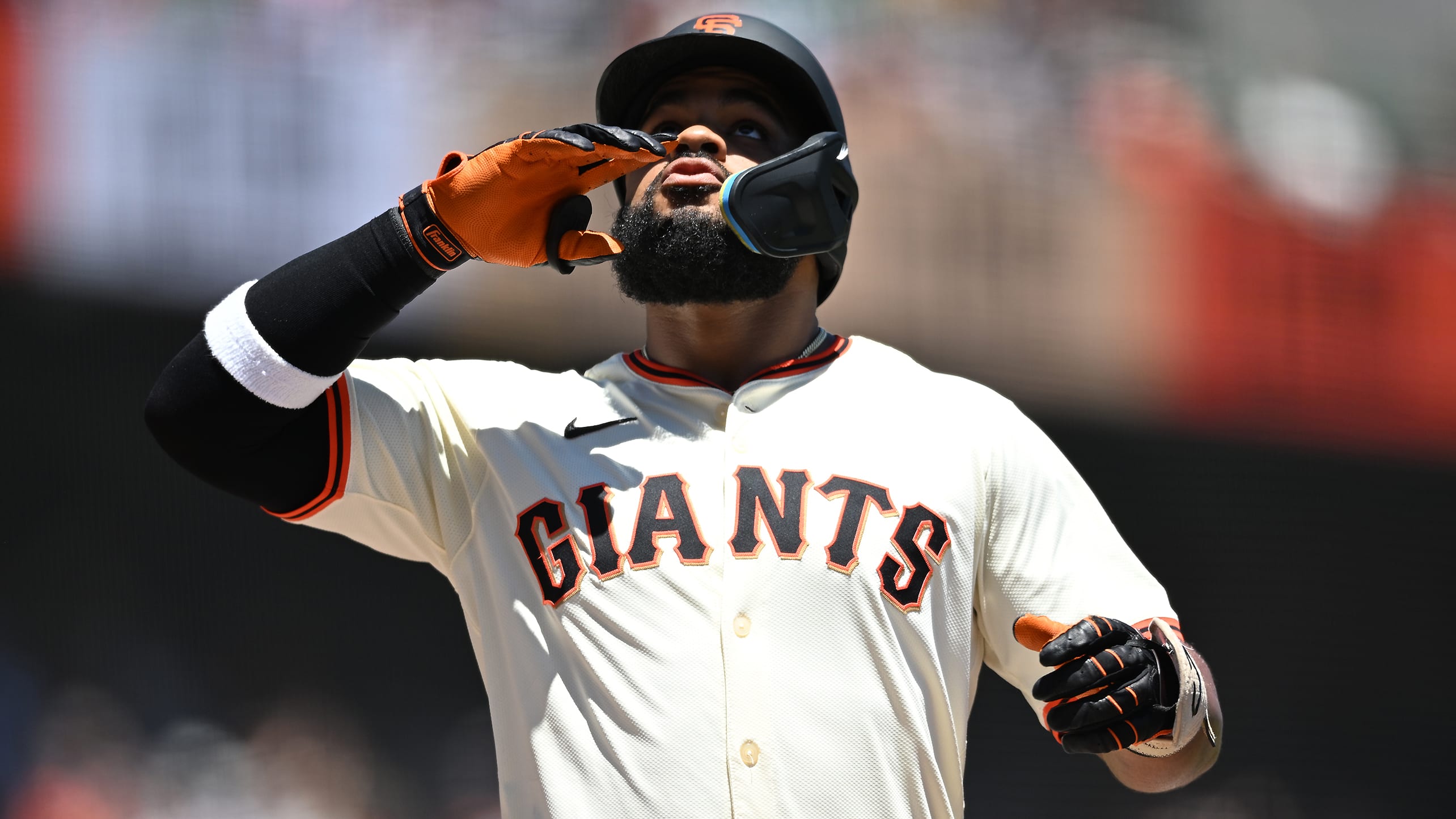 Heliot Ramos reacts after hitting a home run
