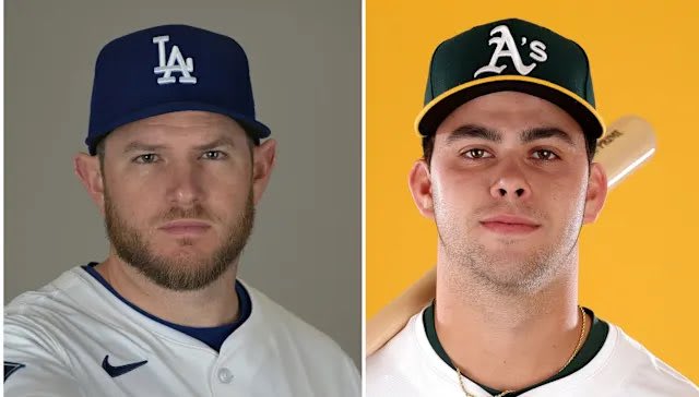 Side-by-side headshots of Max Muncy of the Dodgers and Max Muncy of the A's