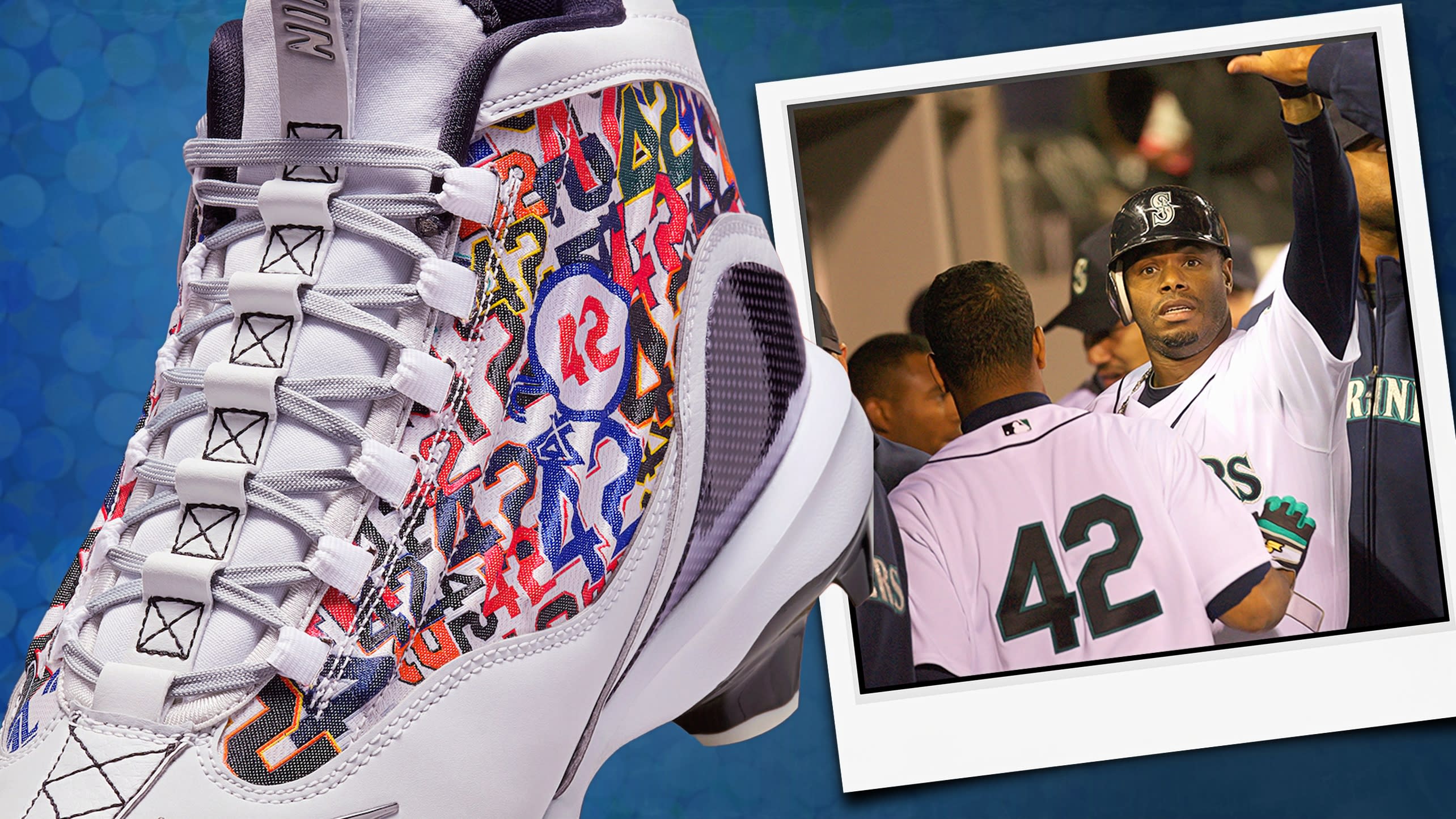 A photo of Ken Griffey Jr. alongside the 2025 model of Nike's classic Griffey 2 MCS cleats