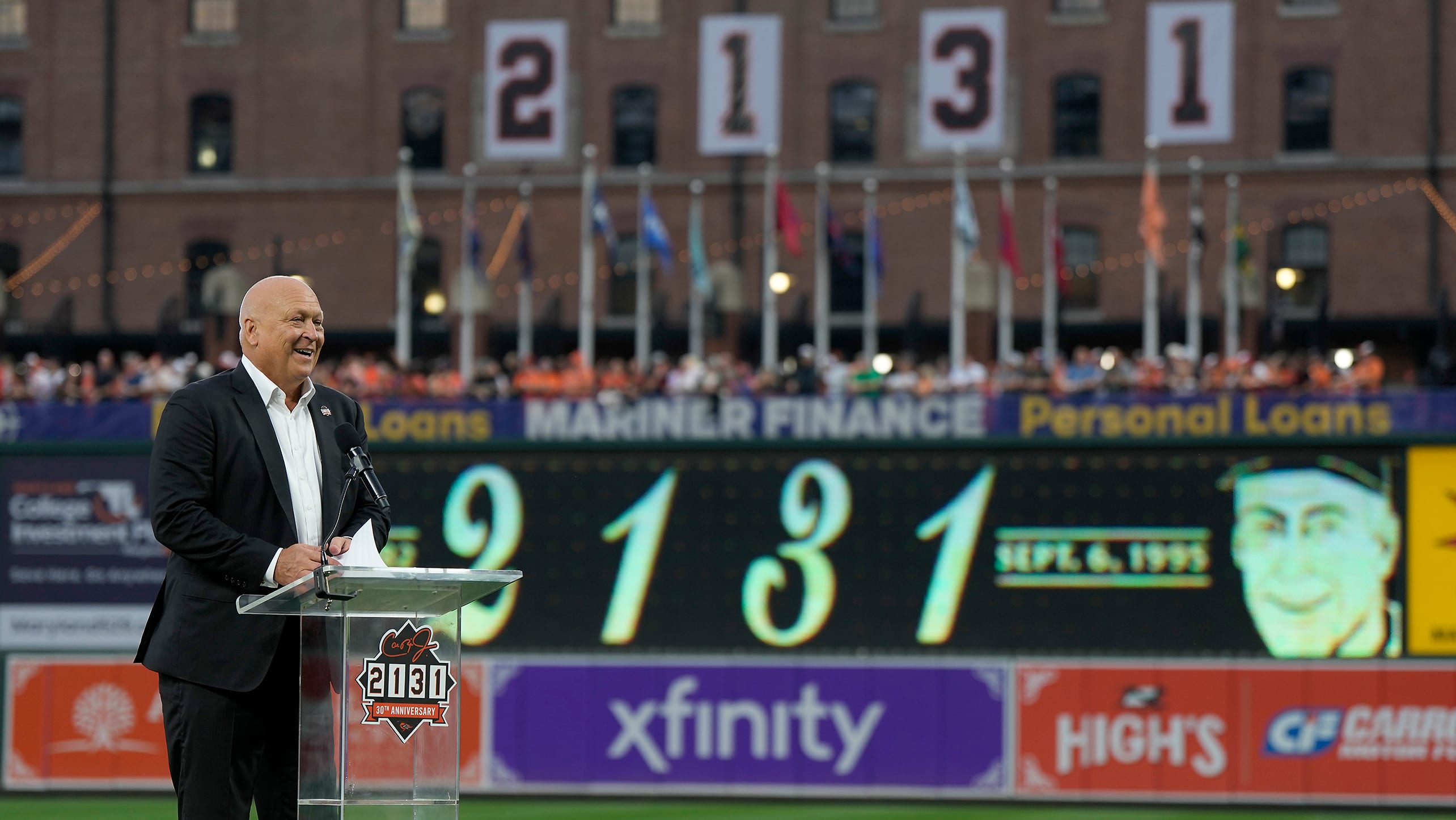 Cal Ripken Jr. addresses the crowd before the game