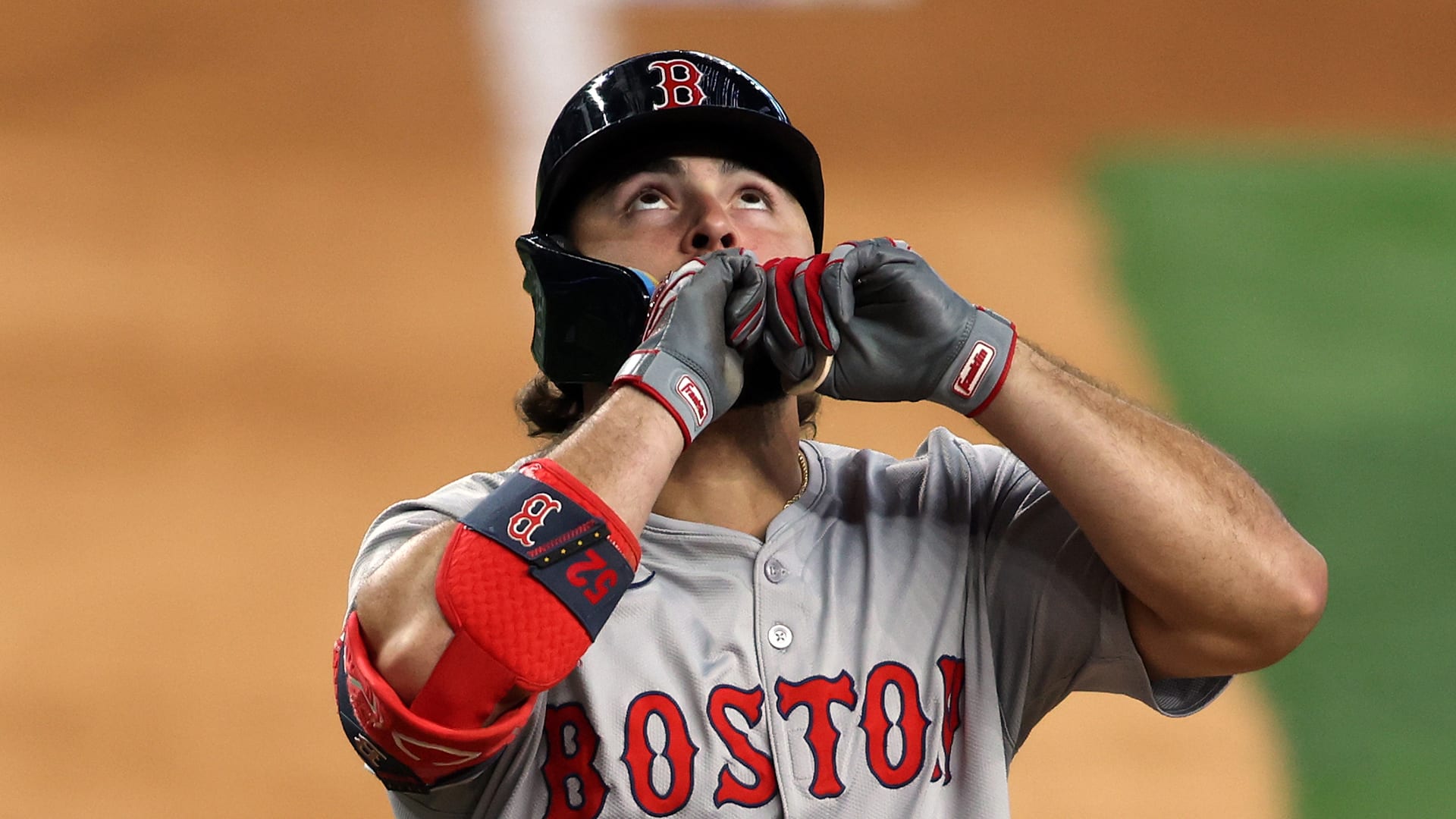 Wilyer Abreu looks to the sky as he scores after hitting a home run