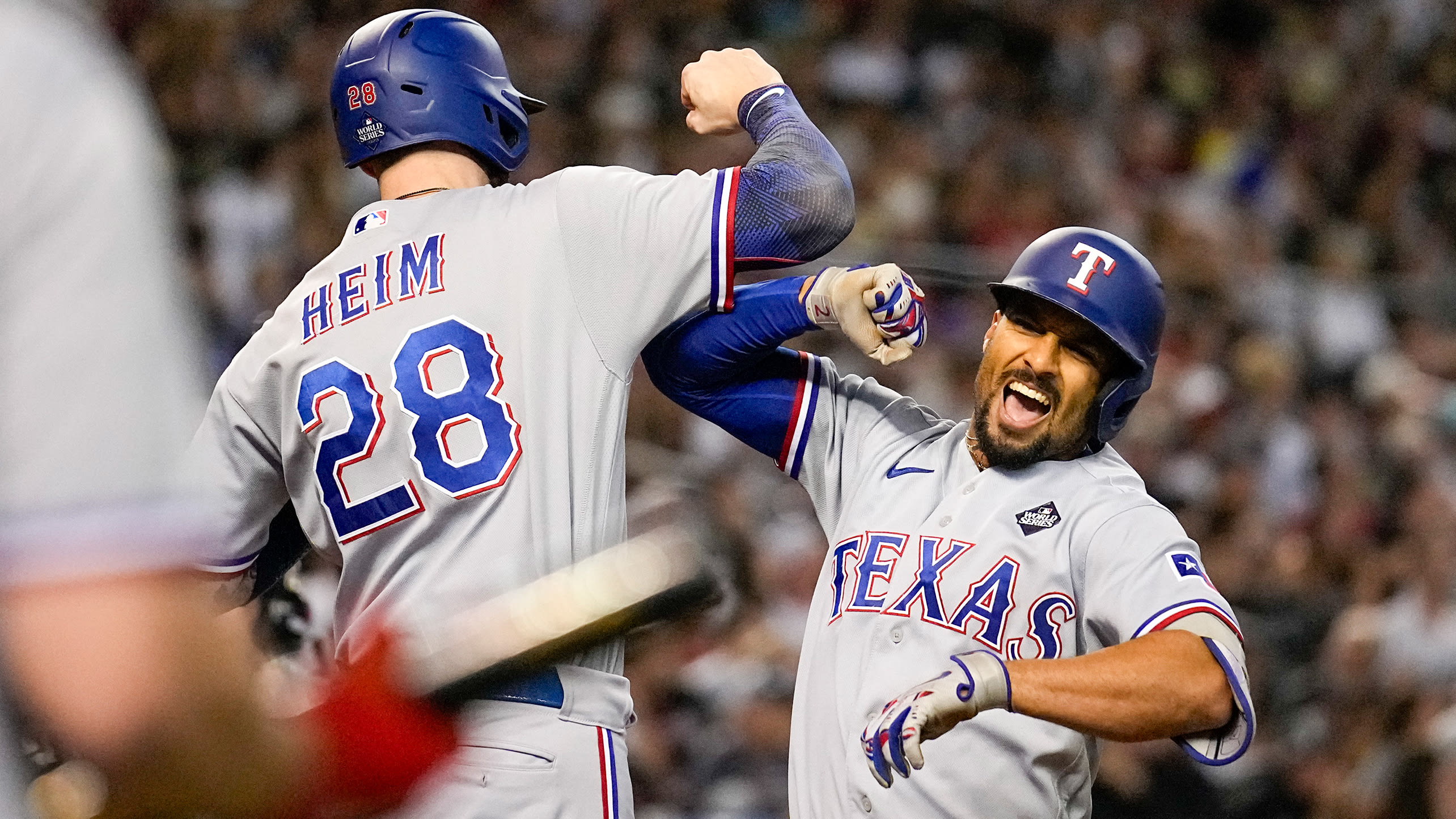 Jonah Heim and Marcus Semien bash forearms after Semien's home run