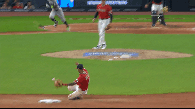 An animated gif of Brayan Rocchio making a sliding stop on a ground ball, touching second with his glove and getting up on one knee to throw to first