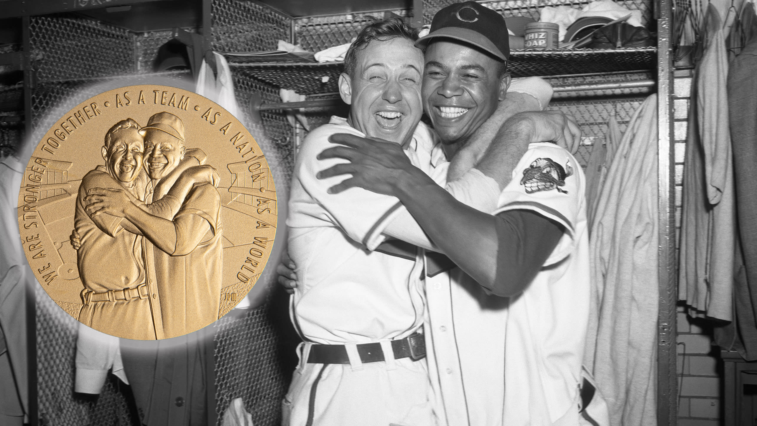 One side of Larry Doby's Congressional Gold Medal depicts a famous photo