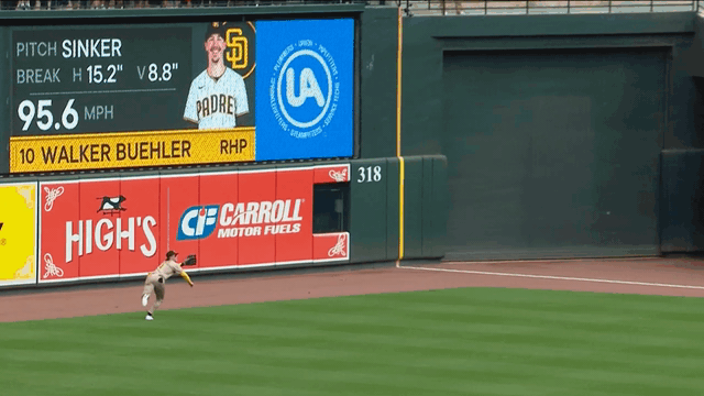 An animated gif of Jase Bowen making a diving catch on the warning track