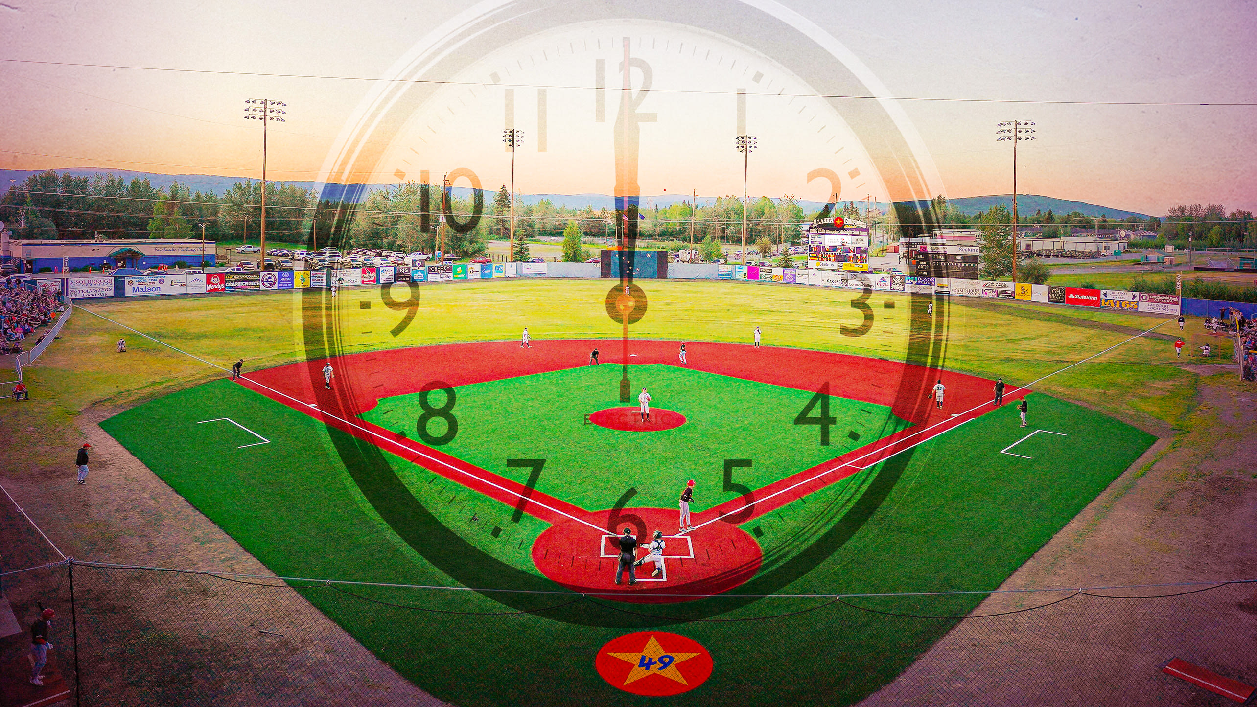 A designed image of a field in Alaska with a clock face over it